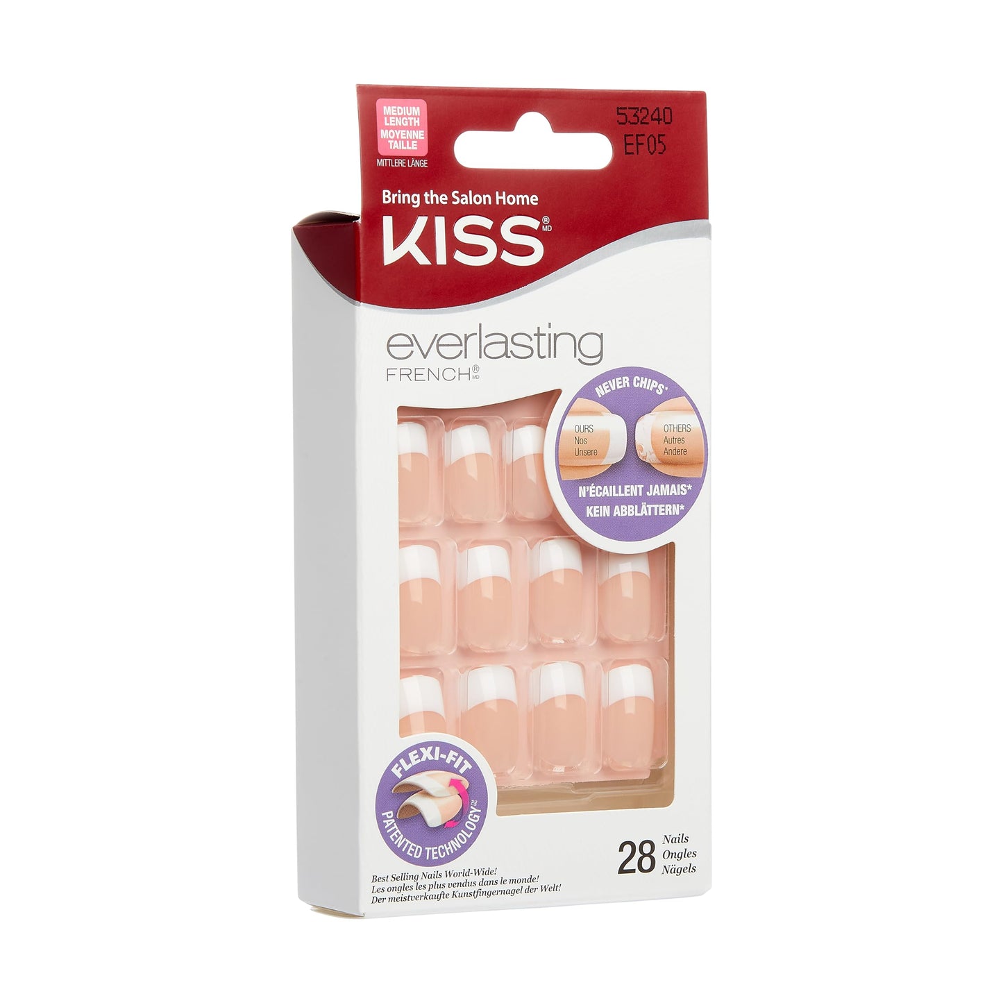 KISS Everlasting, Press-On Nails, Nail glue included, 'Infinite', French, Medium Size, Squoval Shape, Includes 28 Nails, 2g Glue, 1 Manicure Stick, 1 Beauty & Personal Care KISS