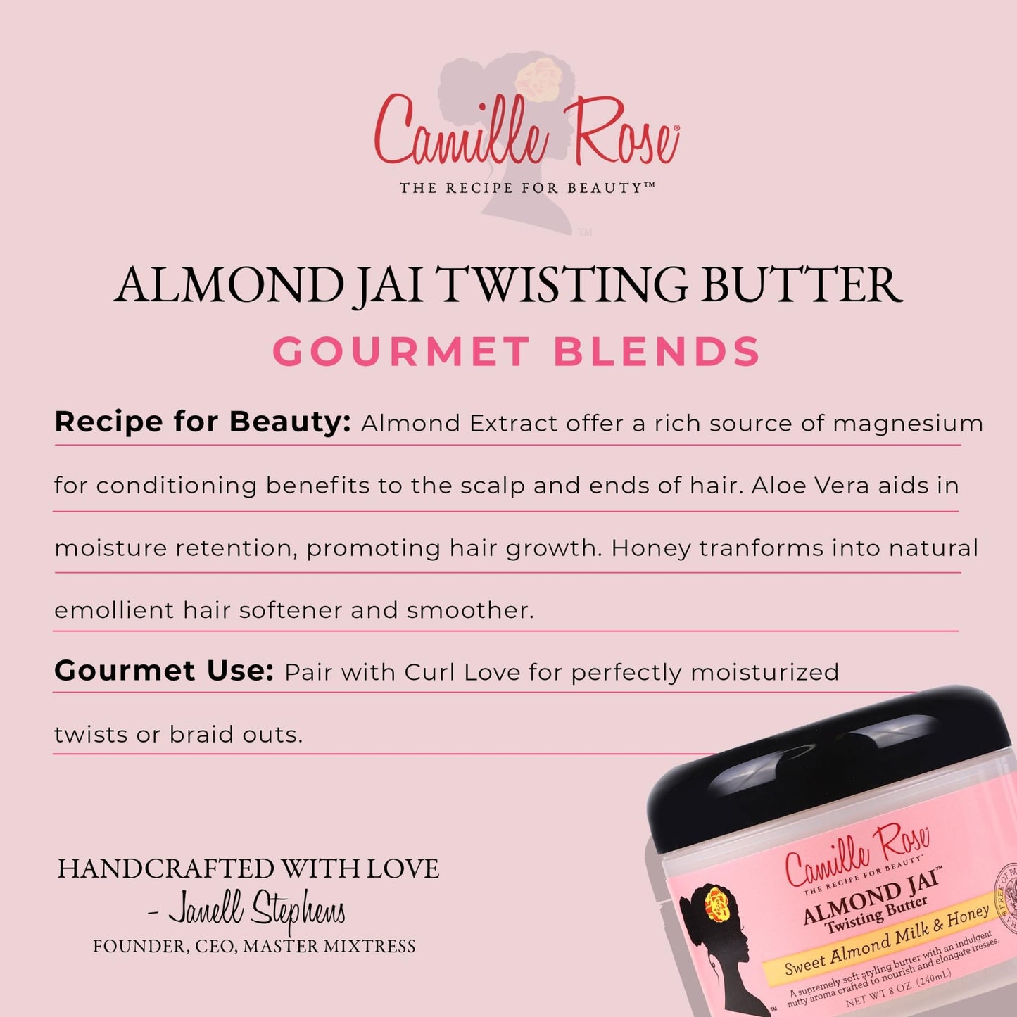 Camille Rose Almond Jai Twisting Hair Styling Butter, with Aloe and Honey, to Soften Smooth and Moisturize, for All Hair Types, 8 oz Beauty & Personal Care Camille Rose