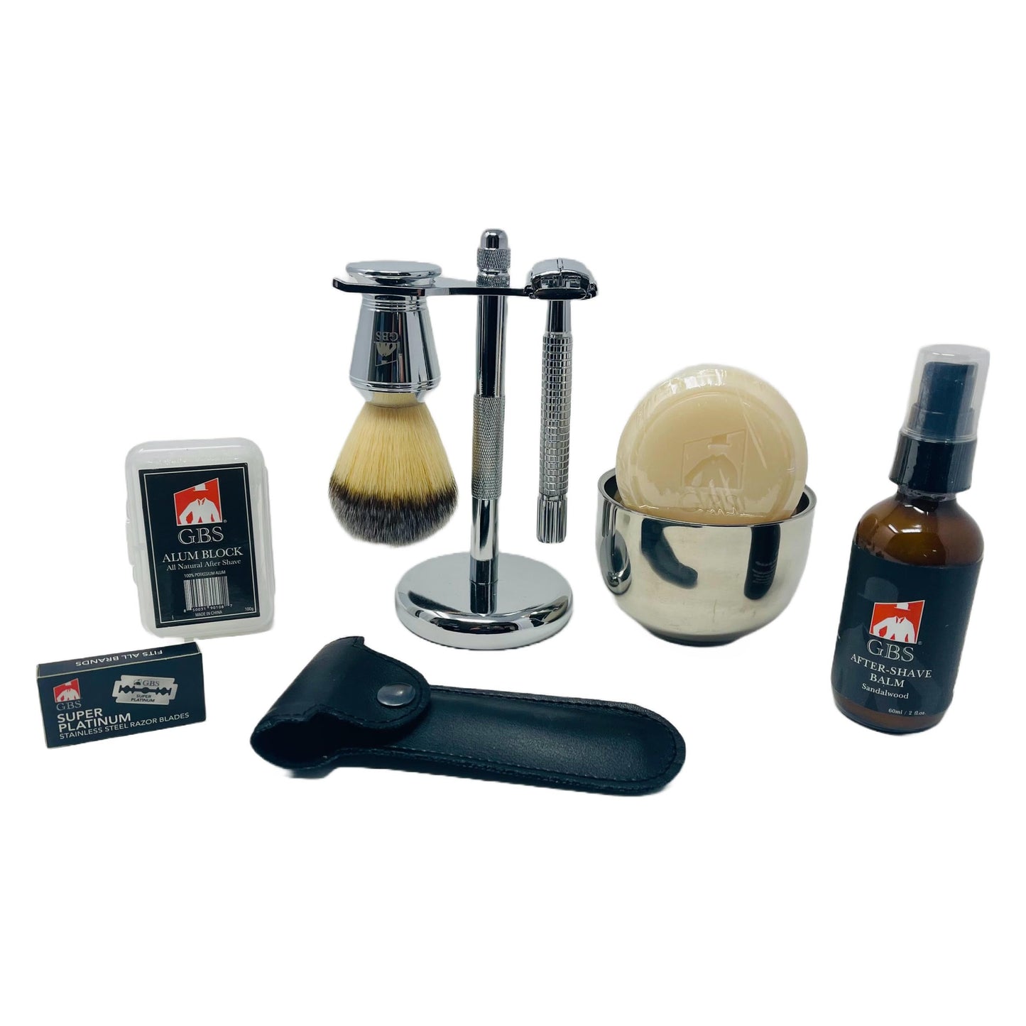 G.B.S Shaving Gift Set, Long Handle Double Edge Safety Razor, Alum Aftershave Block, Chrome Bowl with Natural Shave Soap, Shaving Brush Grooming Kit Beauty and Personal Care G.B.S
