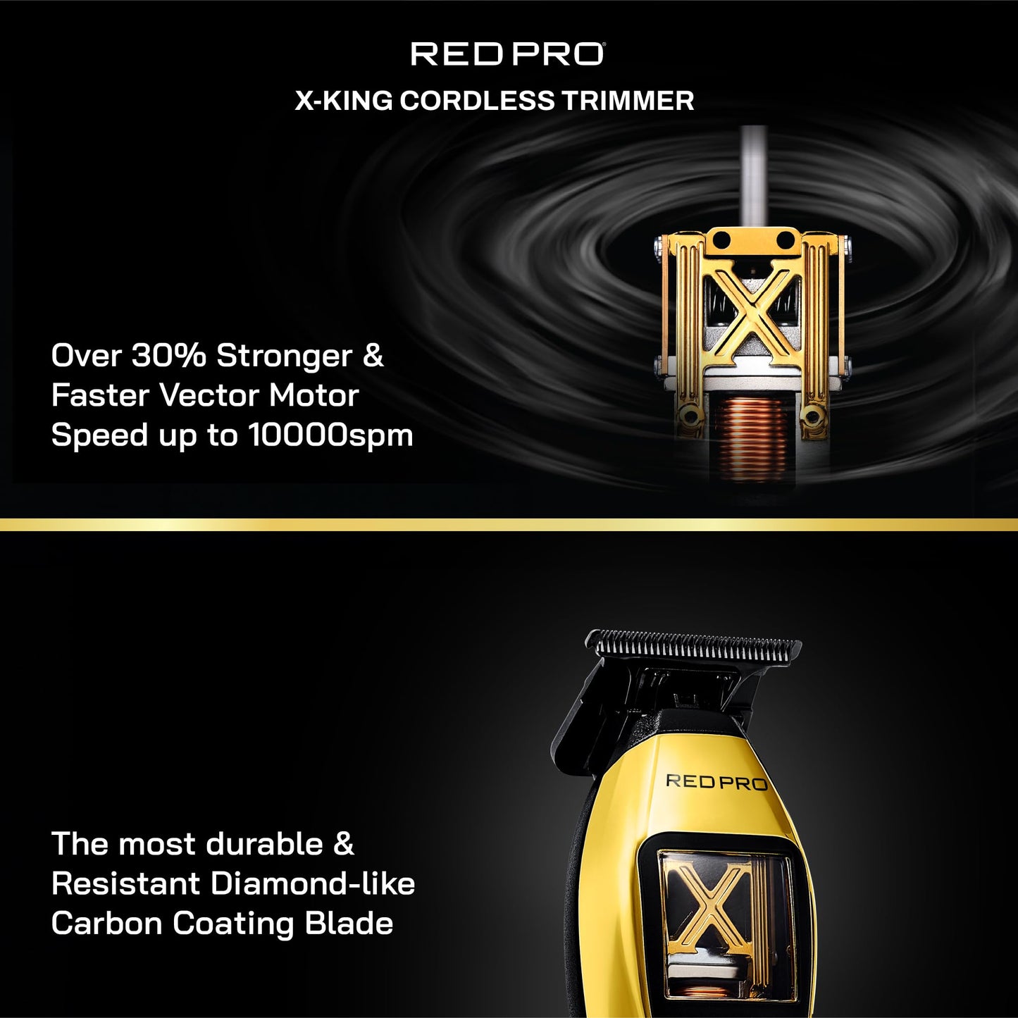RED PRO X King Vector Motor Cordless Hair Trimmer Professional Barber Detail Beard Trimmer DLC Blade USB C 240 Min Gold Black Beauty and Personal Care RED Pro