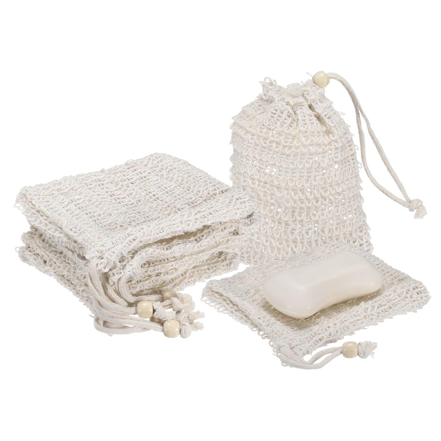 uxcell 10 Pcs Soap Saver Bag, 5.5"x4.7" Mesh Soap Bag with Drawstring White Wooden Bead Cotton Scrubber Pouch Exfoliating Net for Body Shower Foaming Beauty and Personal Care uxcell