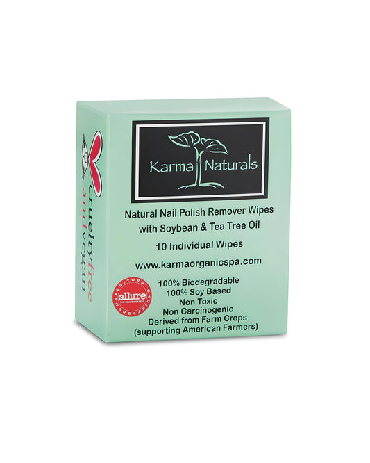 Karma Organic Natural Nail Polish Remover Wipes with Soybean and Tea Tree Oil, 100% Soy Based, Non-Toxic, Vegan, Cruelty-Free - Pack of 10