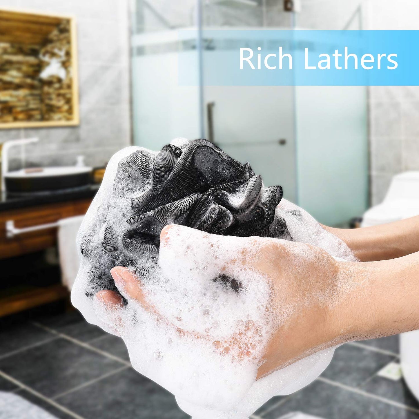 Yoget Bath Loofah Sponge, 4 Pack Black 60G Shower Mesh Ball Soft Pouf Body Scrubber, Exfoliate, Cleanse, Soothe Skin, Black Loofah with White Trim Beauty & Personal Care YOGET