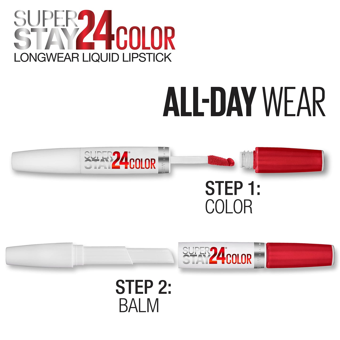 Maybelline Super Stay 24, 2-Step Liquid Lipstick Makeup, Long Lasting Highly Pigmented Color with Moisturizing Balm, Keep It Red, Red, 1 Count Beauty & Personal Care MAYBELLINE