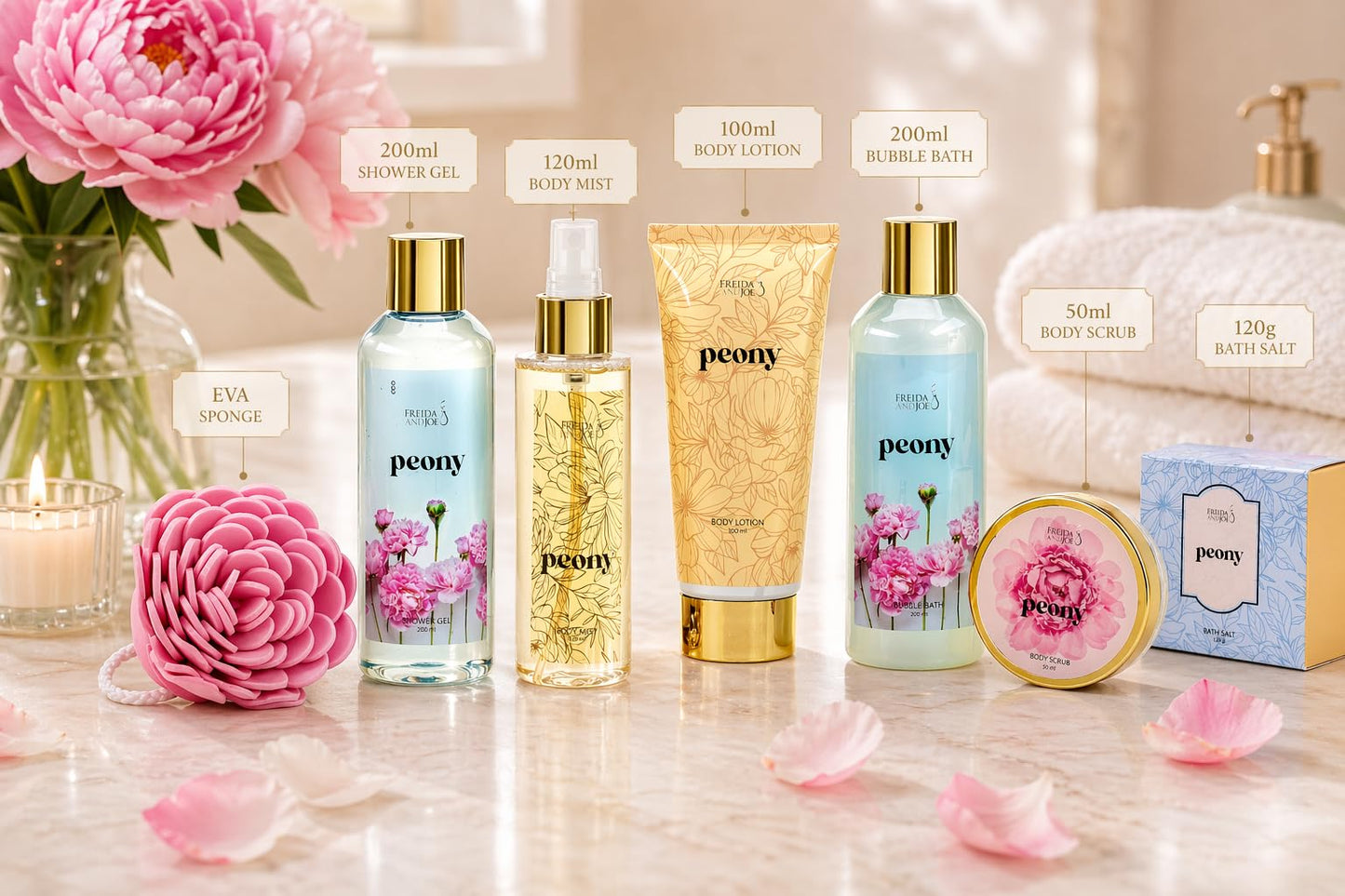 Peony Spa Gift Basket for Women - Mother’s Day Bath & Body Gift Set with Shower Gel, Bubble Bath, Body Mist, Bath Salts & Scrub - Self Care Gift Box Beauty and Personal Care Freida and Joe