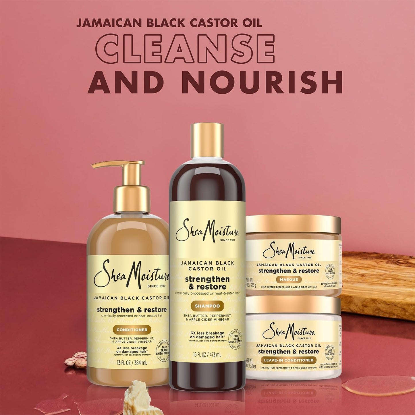 SheaMoisture Jamaican Black Castor Oil Strengthen & Restore Hair Repair Shampoo, Conditioner, Masque + Leave-In Conditioner Bundle Beauty & Personal Care SheaMoisture