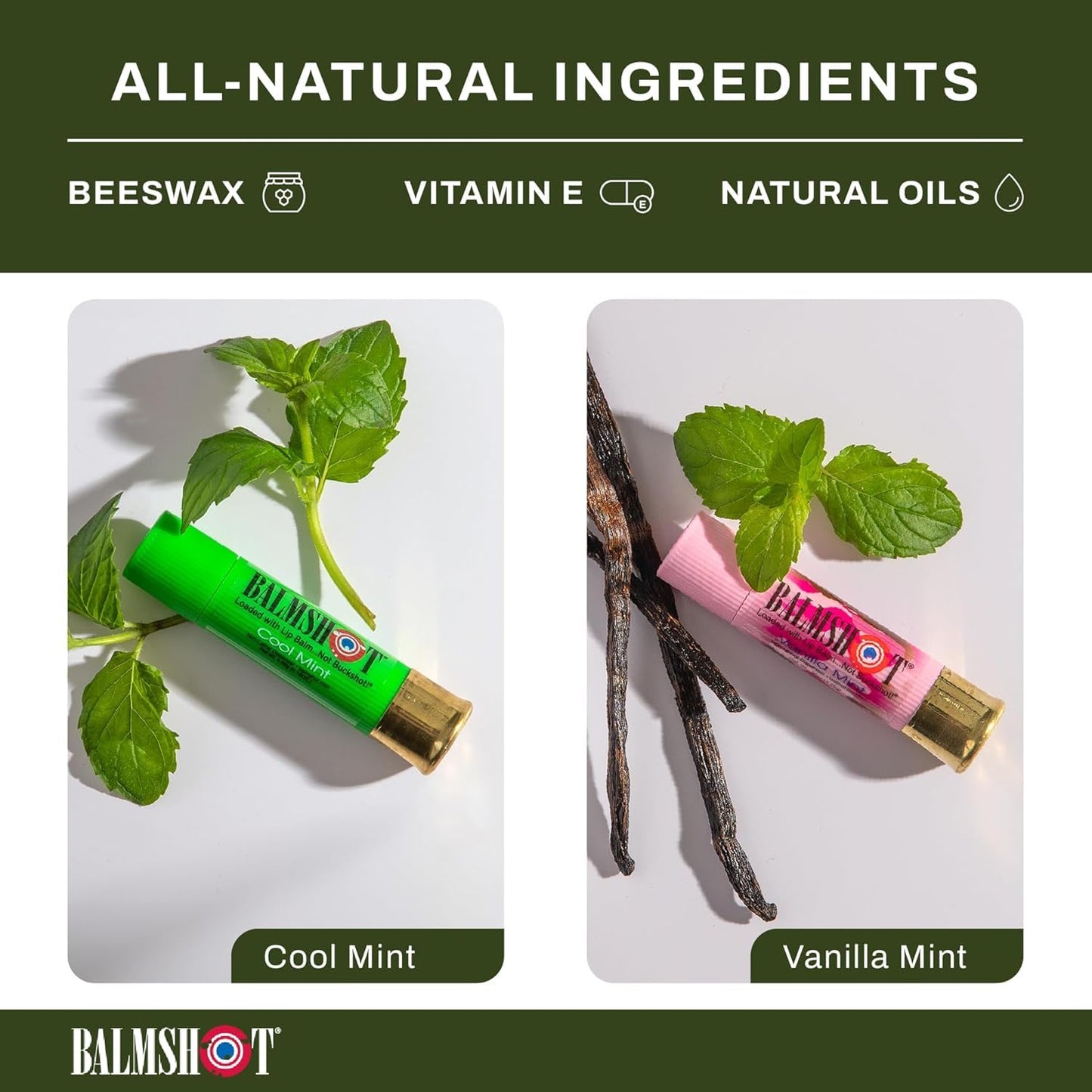 BALMSHOT Lip Balm 4-Pack - Minty Combo Variety Pack - (2) Cool Mint & (2) Vanilla Mint - SPF 15 Beeswax Chapstick Formula, 20-Gauge Brass Shotgun Beauty & Personal Care Balmshot