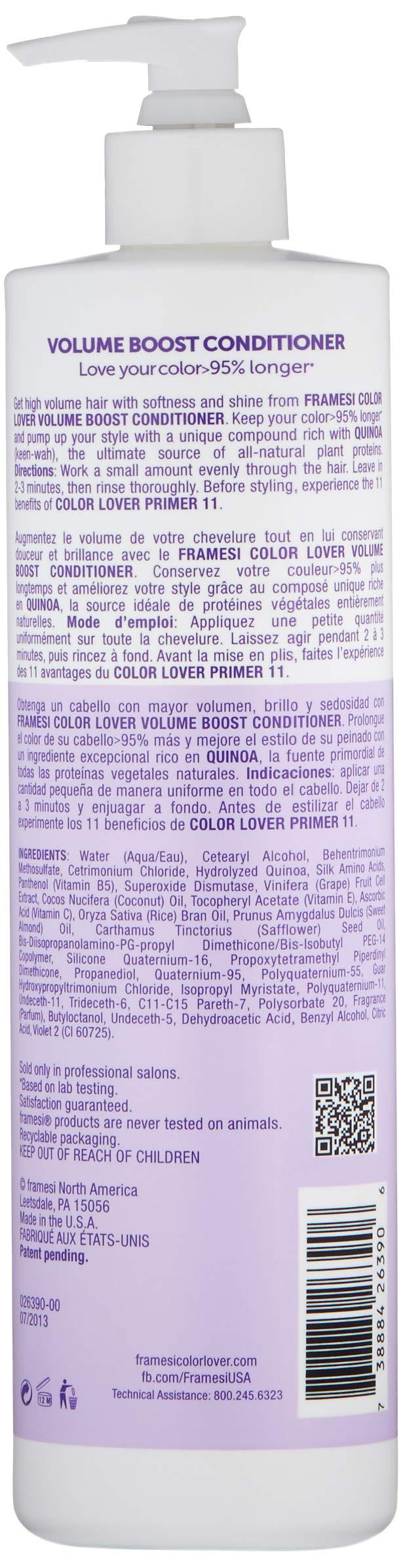 FRAMESI Color Lover Volume Boost Conditioner, 16.9 fl oz, Sulfate Free Volumizing Conditioner with Quinoa and Coconut Oil, Color Treated Hair Beauty & Personal Care FRAMESI