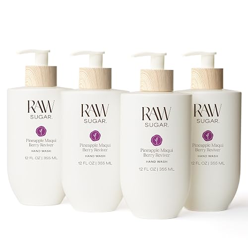 RAW SUGAR Pineapple Maqui Berry Reviver Hand Wash, 12 Fl Oz (Pack of 4) Liquid Hand Soap for Kitchen or Bathroom, Cleanses & Refreshes Hands, Vegan Beauty & Personal Care RAW SUGAR