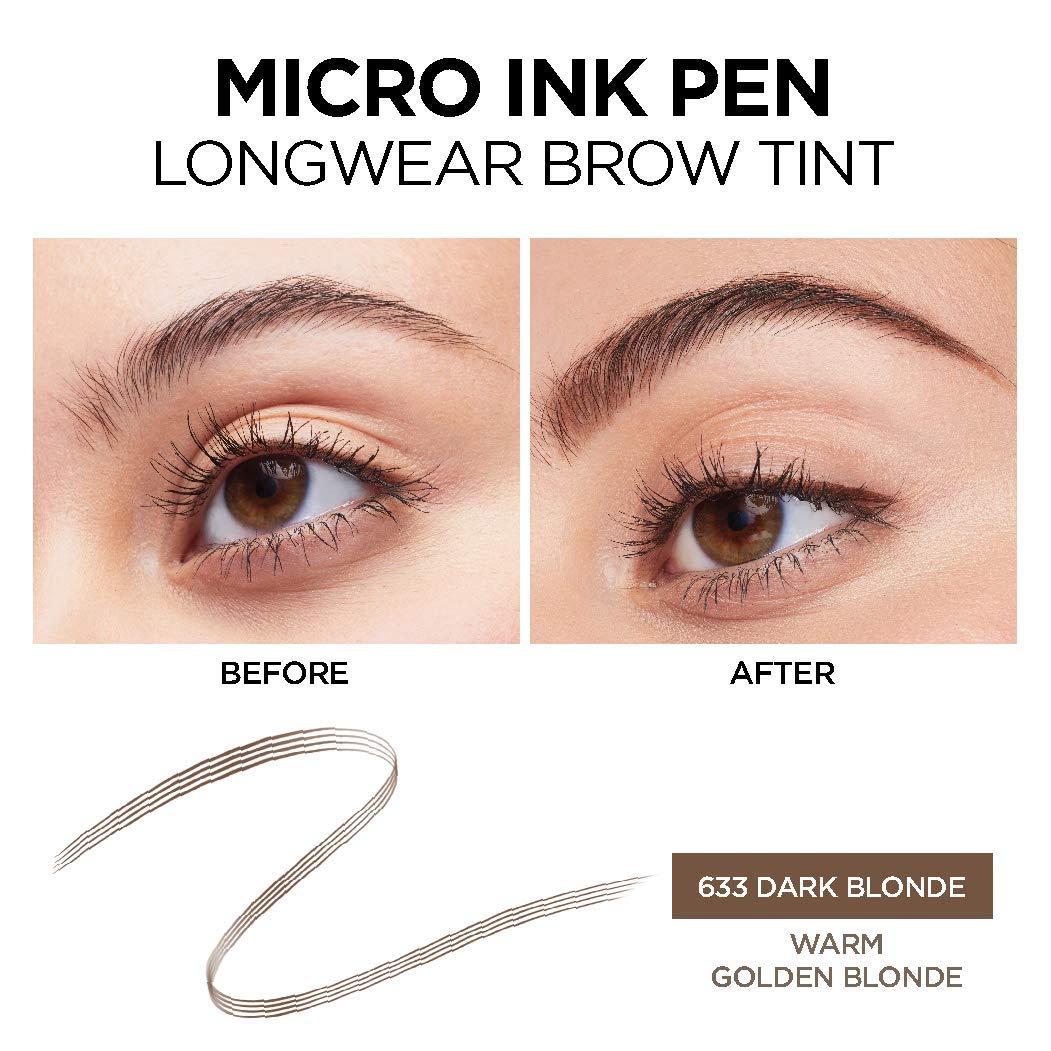 L'Oreal Paris Micro Ink Pen by Brow Stylist, Longwear Brow Tint, Hair-Like Effect, Up to 48HR Wear, Precision Comb Tip, Dark Blonde, 0.033 fl; oz.