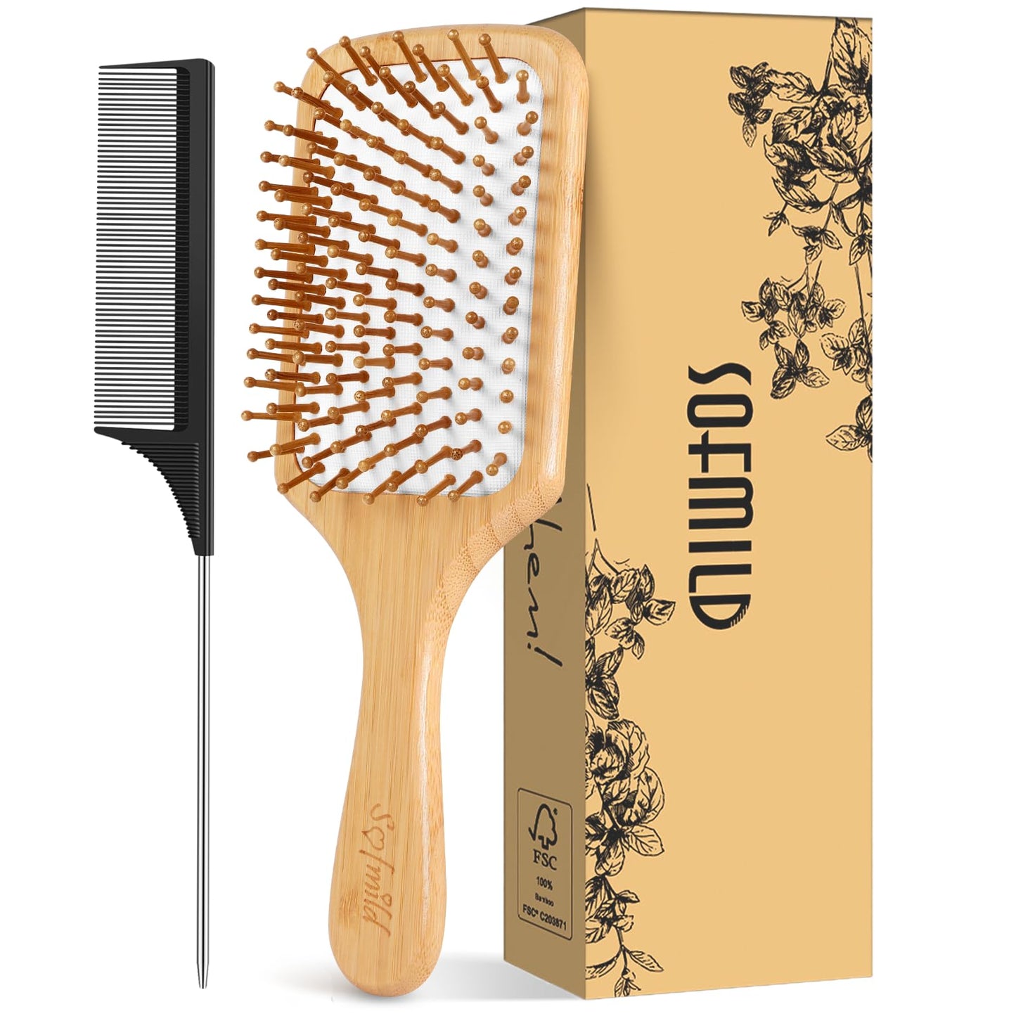 Hair Brush-Natural Wooden Bamboo Brush and Detangle Tail Comb, Paddle Hairbrush for Women Men and Kids Make Thin Long Curly Hair Health and Massage Beauty & Personal Care Sofmild