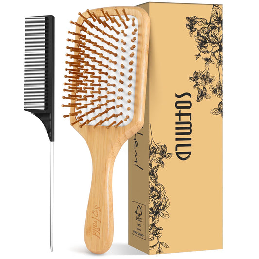 Hair Brush-Natural Wooden Bamboo Brush and Detangle Tail Comb, Paddle Hairbrush for Women Men and Kids Make Thin Long Curly Hair Health and Massage Beauty & Personal Care Sofmild