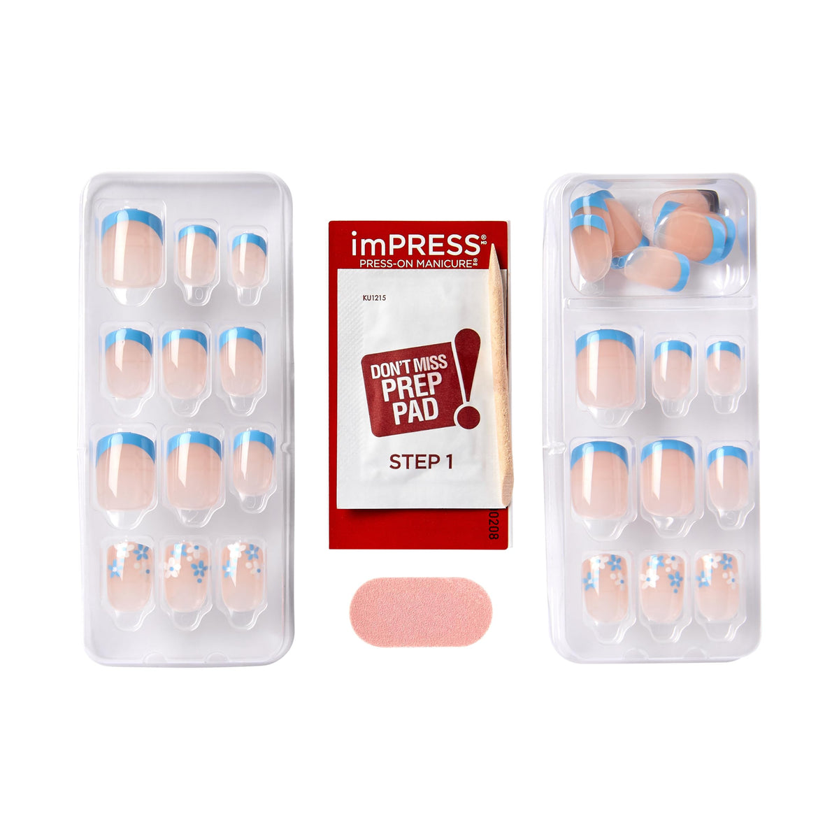 Kiss Impress No Glue Mani Press On Nails, French, 'Snooze', Blue, Short Size, Squoval Shape, Includes 30 Nails, Prep Pad, 1 Manicure Stick, 1 Mini