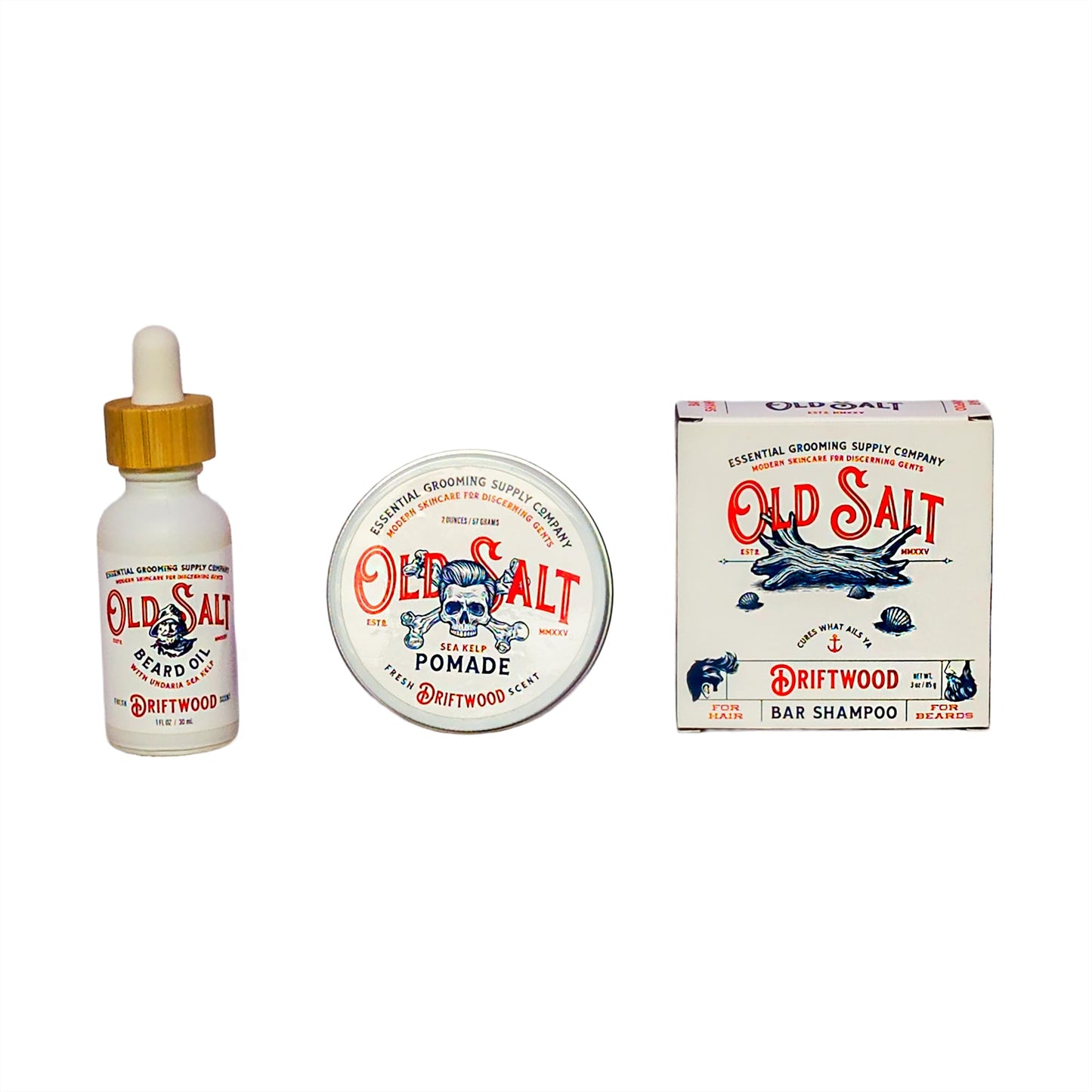 Driftwood Trio - Old Salt Grooming Supply - Beard Oil, Pomade and Bar Shampoo Set with Sea Kelp - Handcrafted, Natural, No Harsh Chemicles Beauty & Personal Care Old Salt