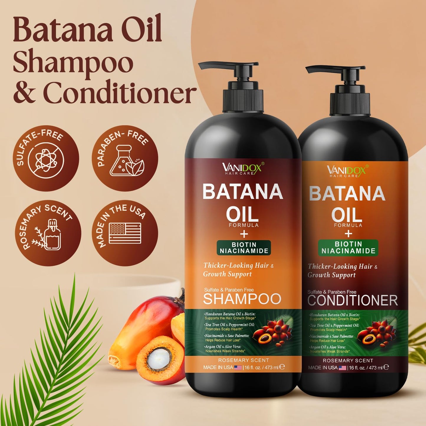 VANIDOX Batana Oil Shampoo and Conditioner Set - Biotin & Niacinamide Infused - Sulfate-Free, Paraben-Free - Moisturizing & Strengthening Hair Care Beauty & Personal Care VANIDOX