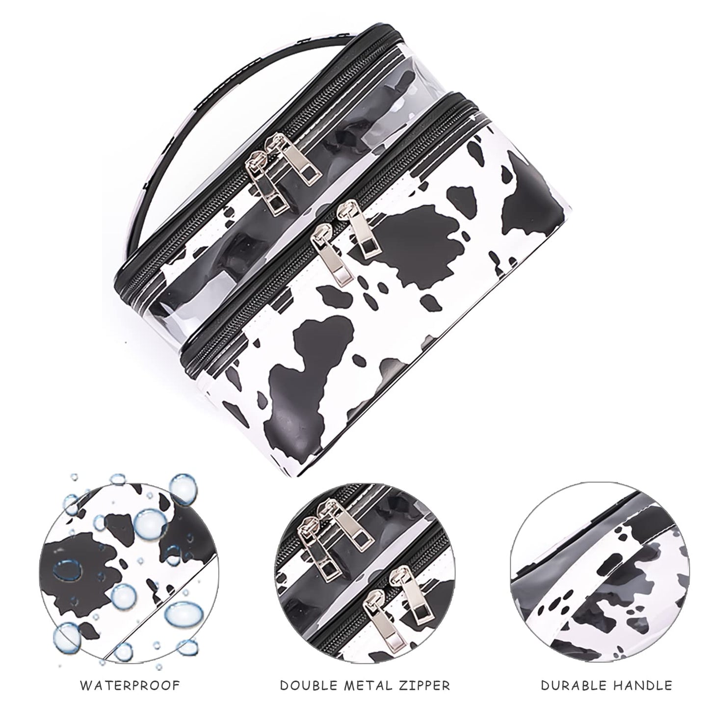 imerelez Double-layer Cosmetic Bag Makeup Bag Travel Makeup Bag Makeup Bags for Women Cosmetics Cases Portable Waterproof Foldable (Cow Print) Beauty and Personal Care imerelez