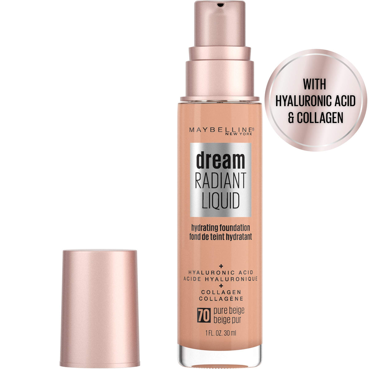 Maybelline Dream Radiant Liquid Medium Coverage Hydrating Makeup, Lightweight Liquid Foundation, Pure Beige, 1 Count