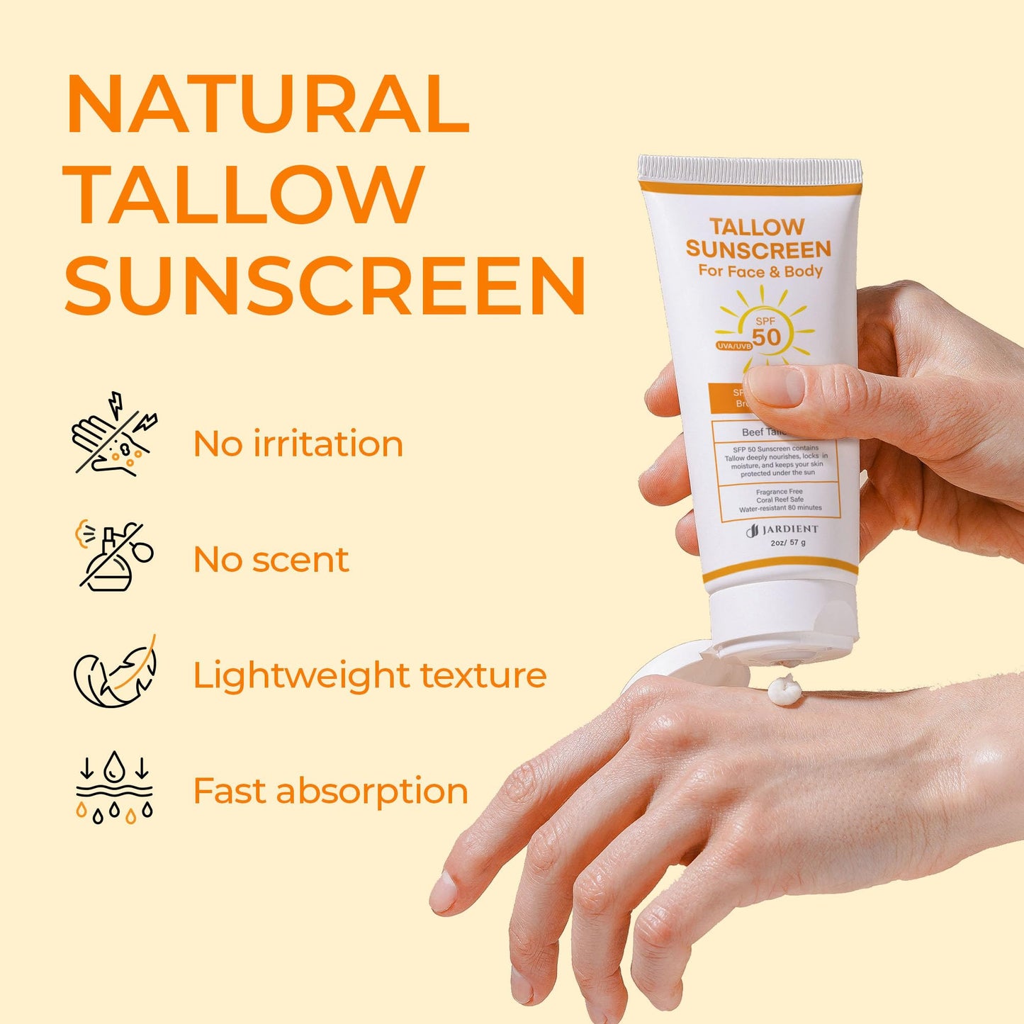 Beef Tallow Sunscreen SPF 50 with Mineral : Instant Sun Protection Non Nano Zinc Oxide Sunblock- Non Greasy Formula- Beach Jogging Outdoor Sports - 3 Beauty and Personal Care Jardient