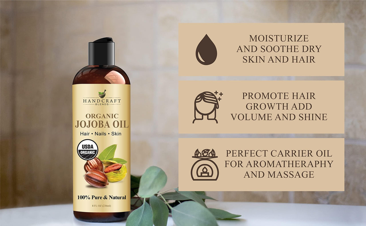 Handcraft Blends USDA Organic Jojoba Oil | Cold-Pressed | 8 Fl Oz | 100% Pure & Natural | for Hair, Skin & Face | Premium Grade Carrier Oil | Beauty & Personal Care Handcraft Blends