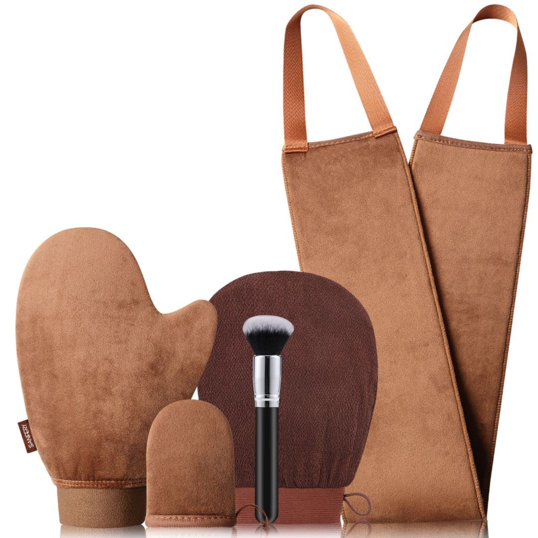 Sanfery 5-Piece Self Tanning Mitt Kit with Self Tanner Back Applicator, Self Tanning Brush, Exfoliating Mitt & Accessories for Flawless Tan Beauty & Personal Care Sanfery
