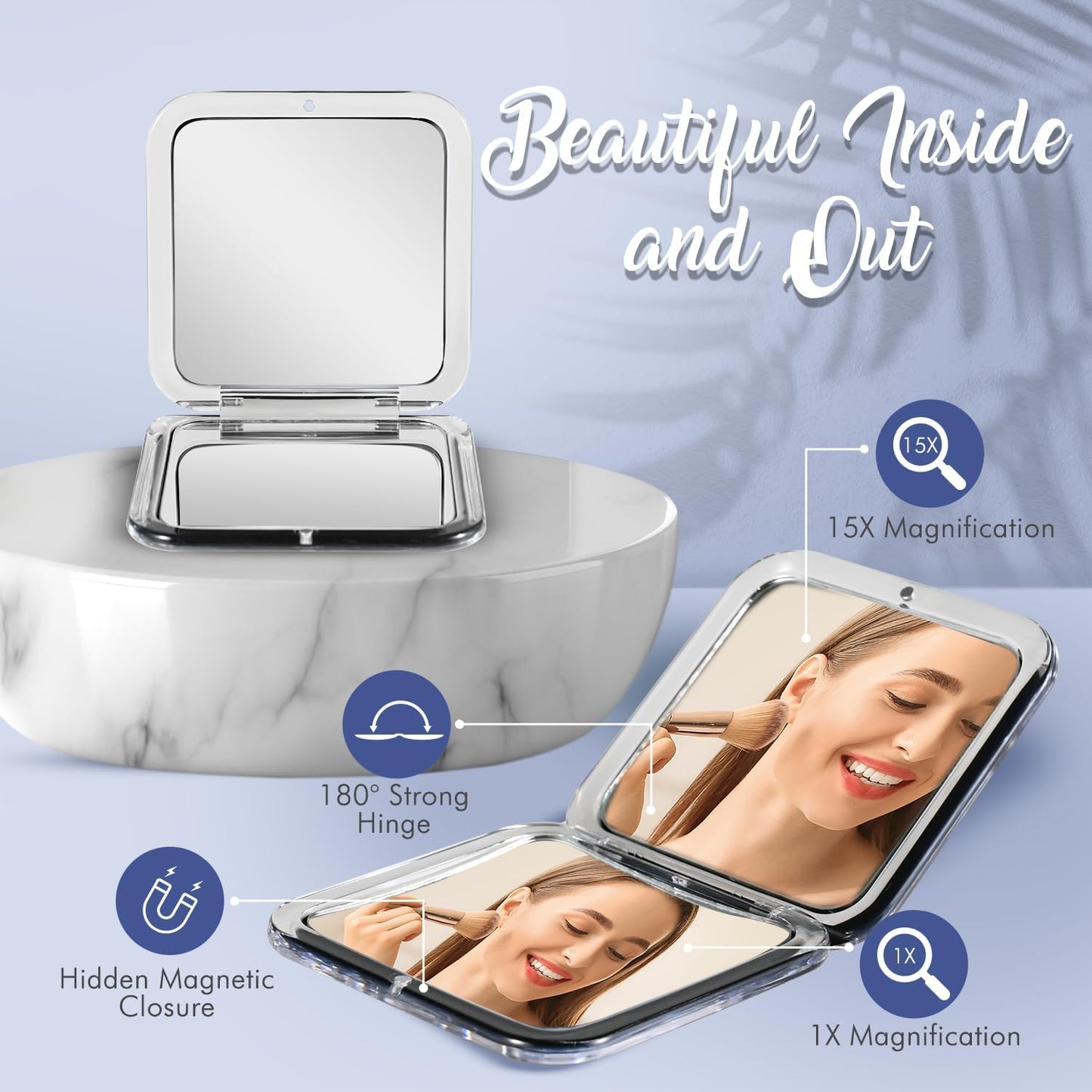 MIRRORVANA Small Compact 15X Magnifying Mirror for Travel - Handheld, Foldable & Lightweight - Mini Pocket-Sized Magnified Mirror for Purse - Square Beauty & Personal Care MIRRORVANA