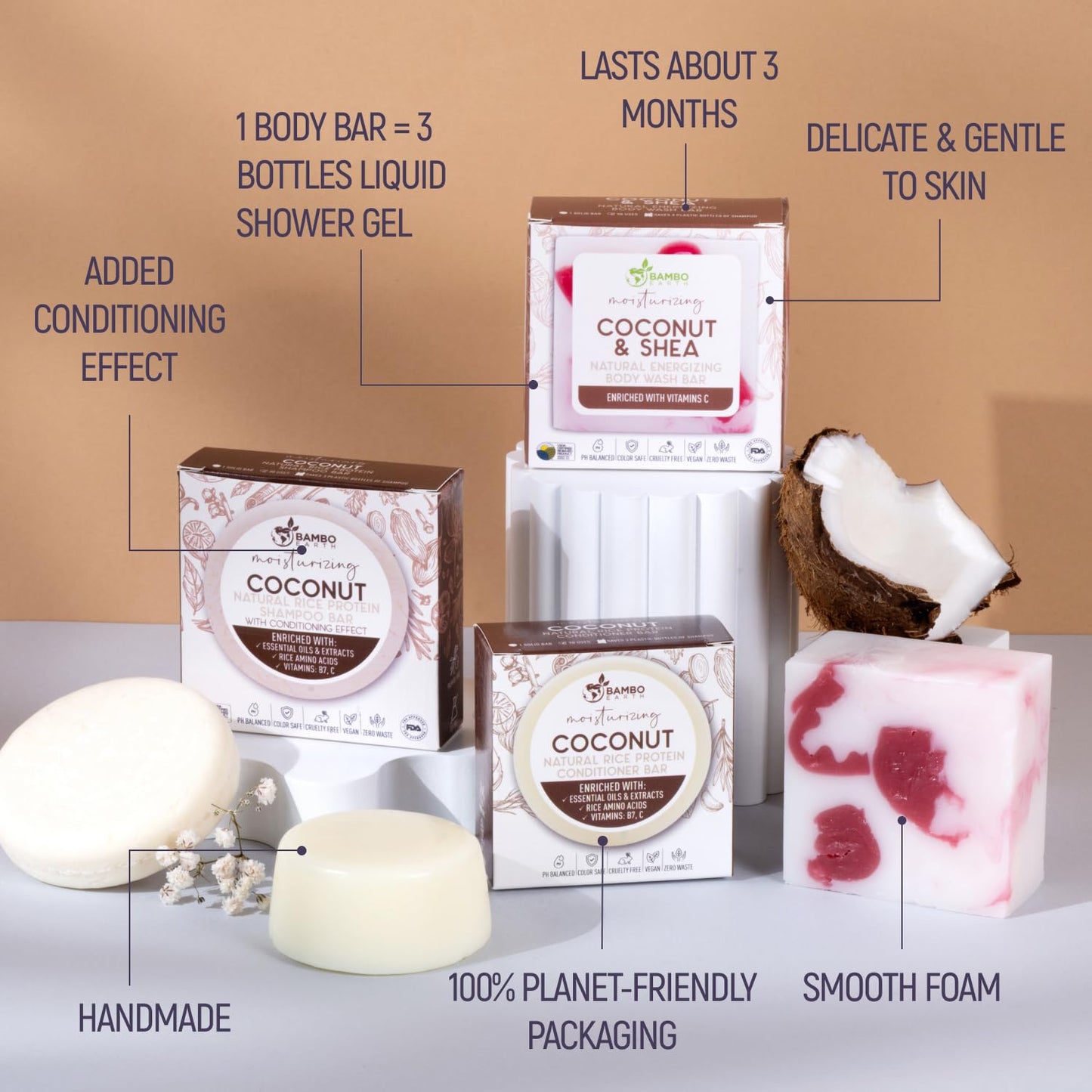 Solid Rice Protein Shampoo, Conditioner and Body Wash Bundle | Shampoo, Conditioner & Wash Bars For Hair and Body w/All Natural Plant Based Essential Beauty & Personal Care BAMBOEARTH