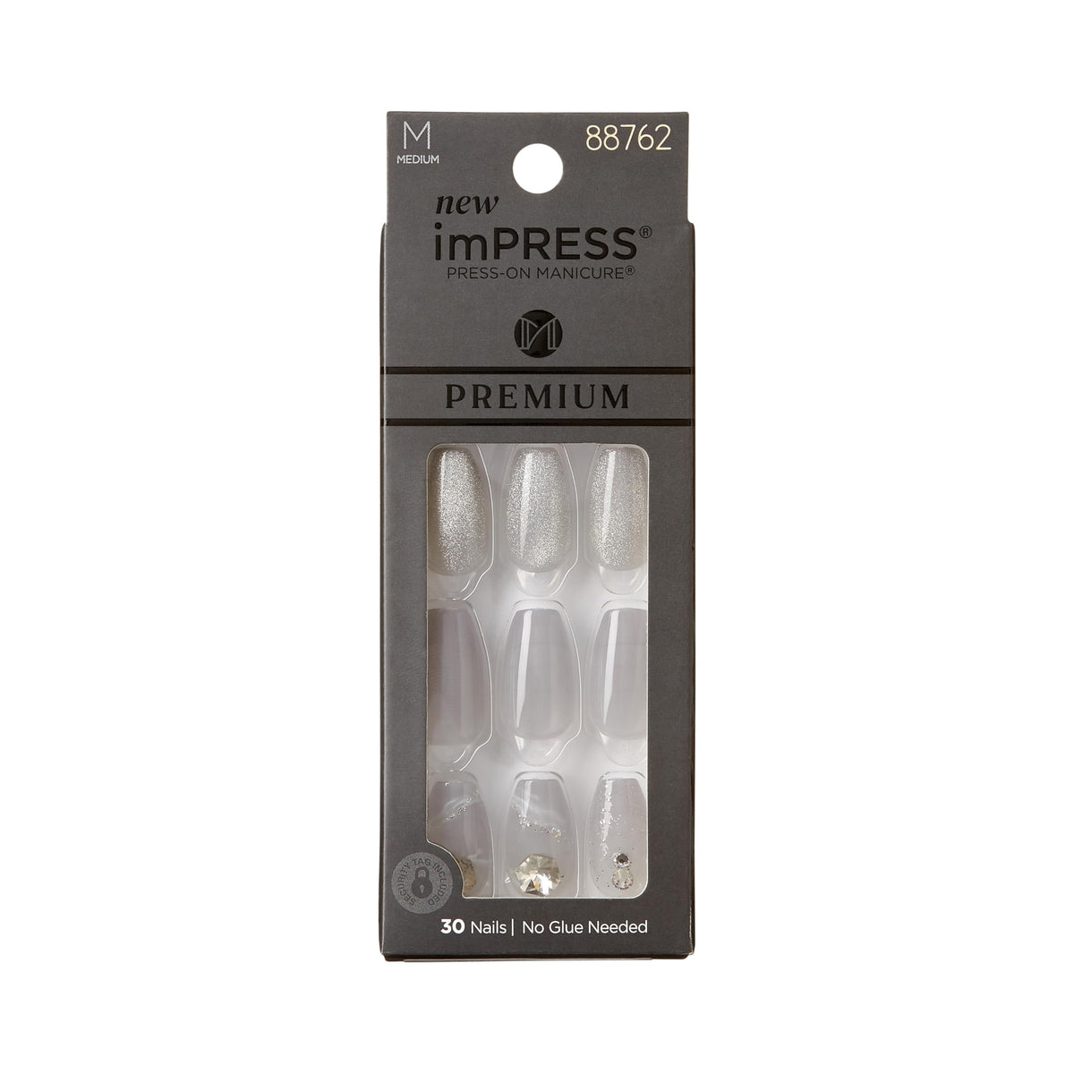 KISS imPRESS Press-On Manicure Premium Collection Fake Nails - Legacy, Gray, V-Cut Stone, Medium & Ballerina/Coffin Shape, Easy To Apply, Super Hold