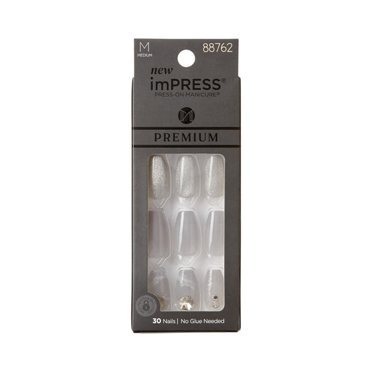 KISS imPRESS Press-On Manicure Premium Collection Fake Nails - Legacy, Gray, V-Cut Stone, Medium & Ballerina/Coffin Shape, Easy To Apply, Super Hold