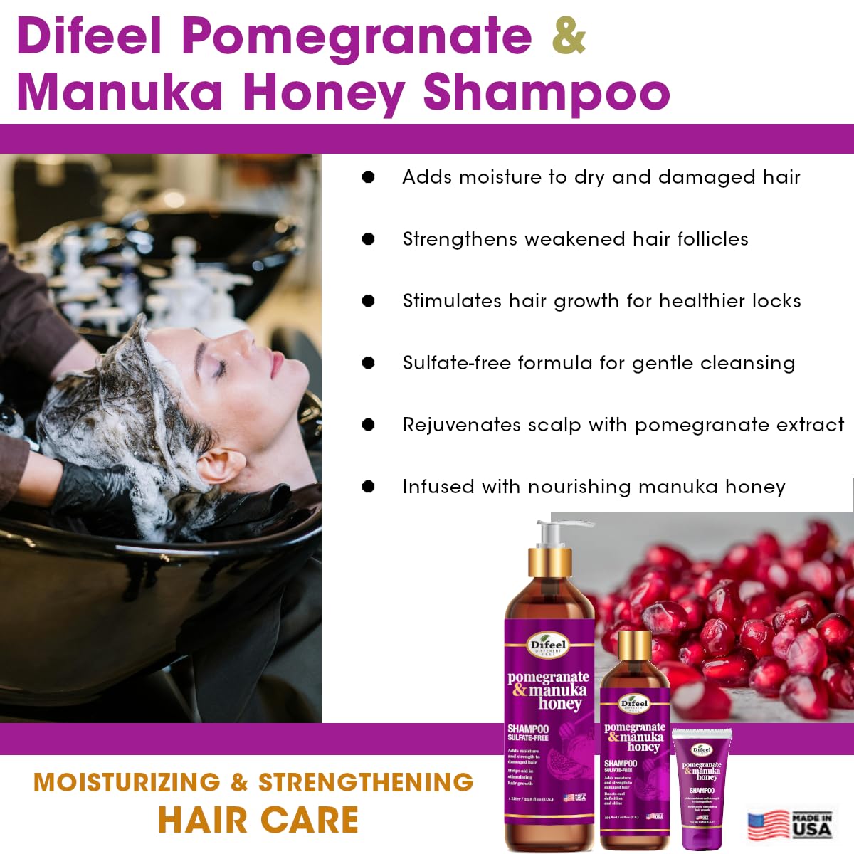 Difeel Pomegranate & Manuka Honey Sulfate-Free Shampoo TRAVEL SIZE 2.5 oz - Strengthens & Moisturizes Damaged Hair, Boosts Curl Defintion and Shine