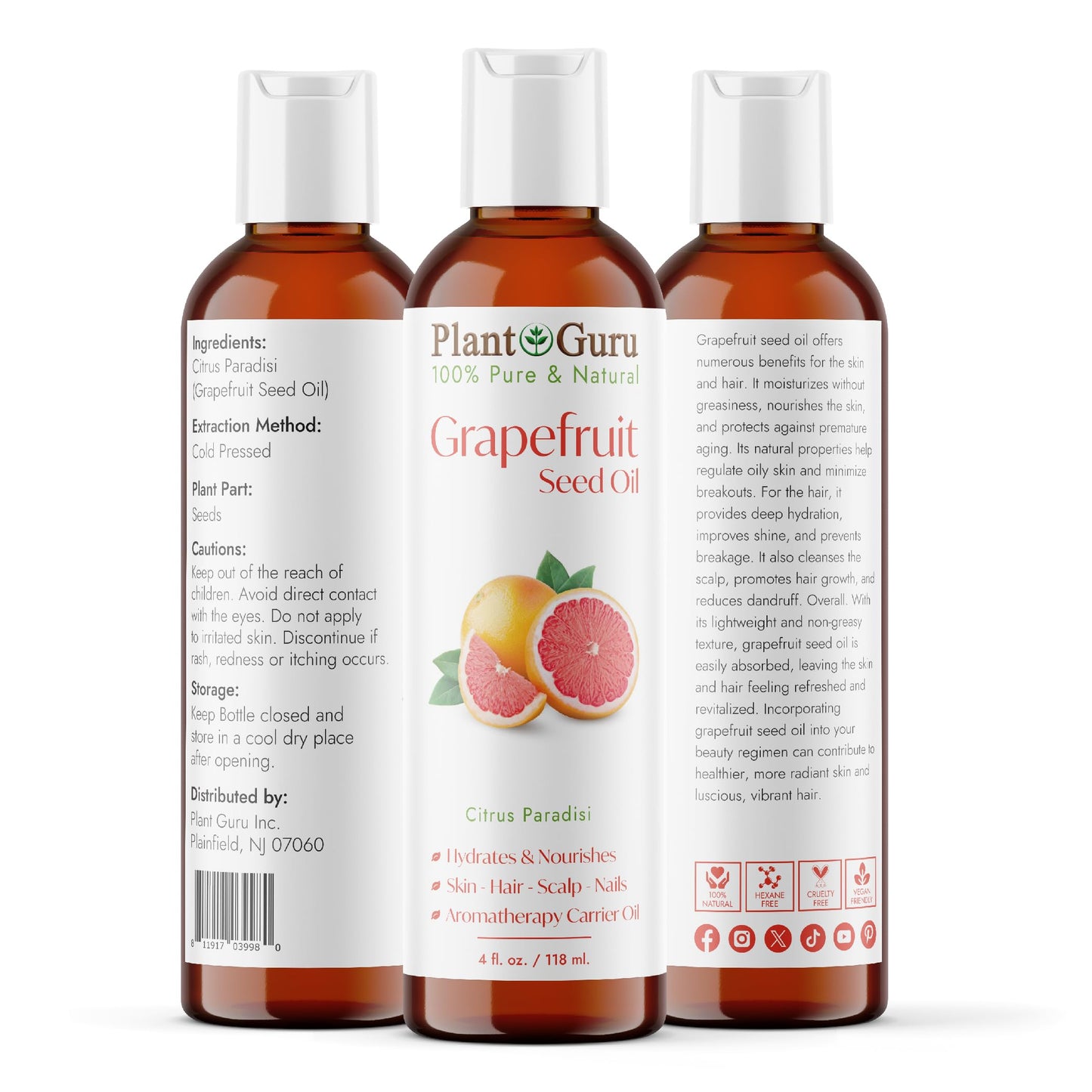 Grapefruit Seed Oil 4 fl. oz. Cold Pressed 100% Pure & Natural Carrier - Skin, Face, Body & Hair Growth Moisturizer. Great for DIY Creams, Lotions Beauty & Personal Care Plant Guru