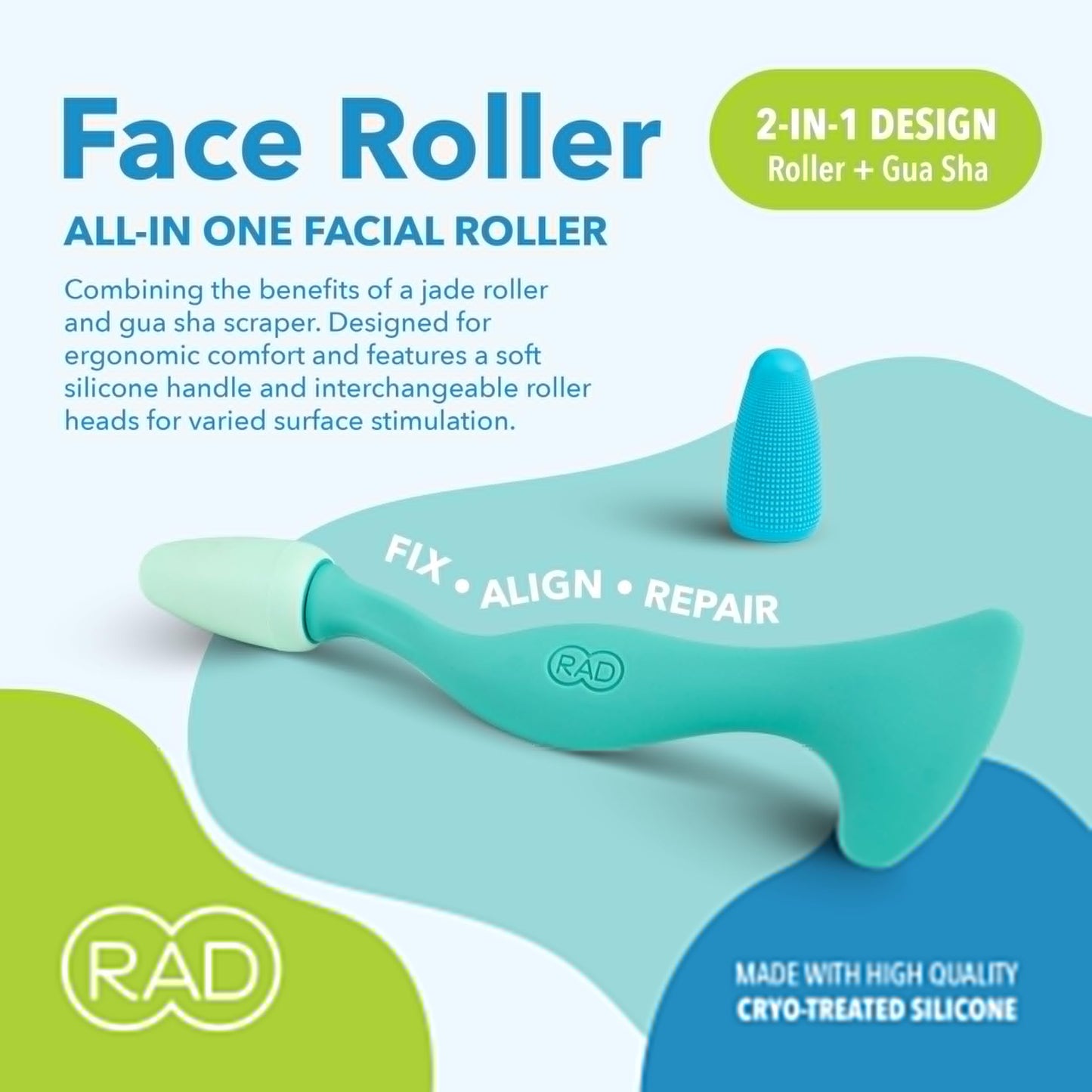 RAD Facial Roller - 2-in-1 Jade Roller & Gua Sha Tool, Silicone Handle, Skin Care, Rolling & Scraping Massage Therapy Beauty & Personal Care RAD
