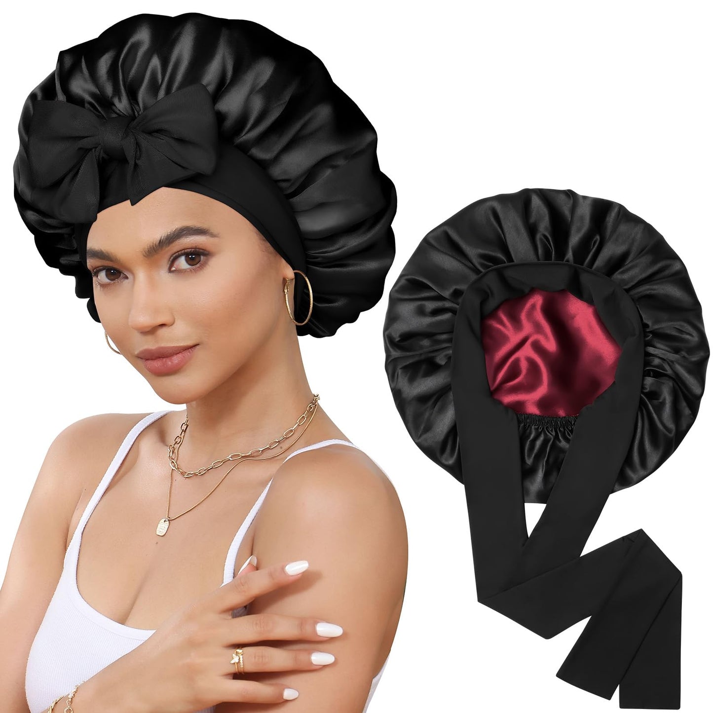 Satin Bonnet Silk Bonnet for Sleeping Silk Sleep Cap Double Layer Hair Bonnet with Elastic Tie Band for Curly Hair Night Cap Beauty and Personal Care CHLINS Default Title