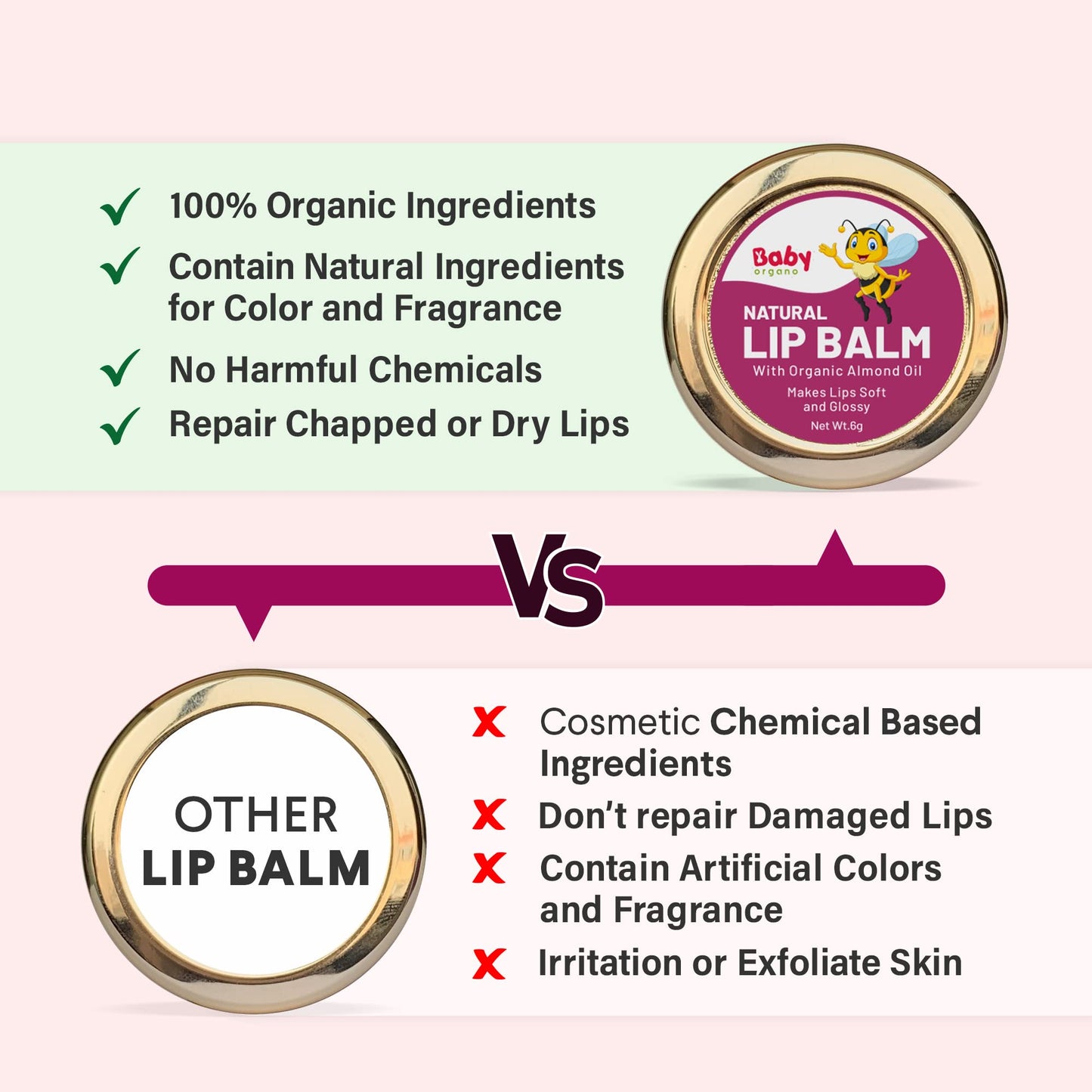 Babyorgano Natural Lip Balm I Non Sticky I Protects Moisturize & Nourishes Dry Chapped Lips I Shea & Cocoa Butter Strawberry Flavor 8Gm, Pink 1 count Beauty and Personal Care Baby Organo