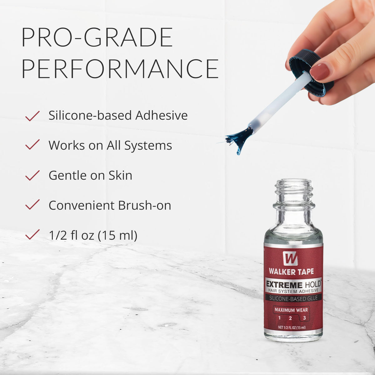 Walker Tape Extreme Hold Brush-On Adhesive 1/2 fl oz, Maximum Wear Waterproof Lace Wig Glue for Lace Front Wigs Human Hair, Strong Silicone Wig
