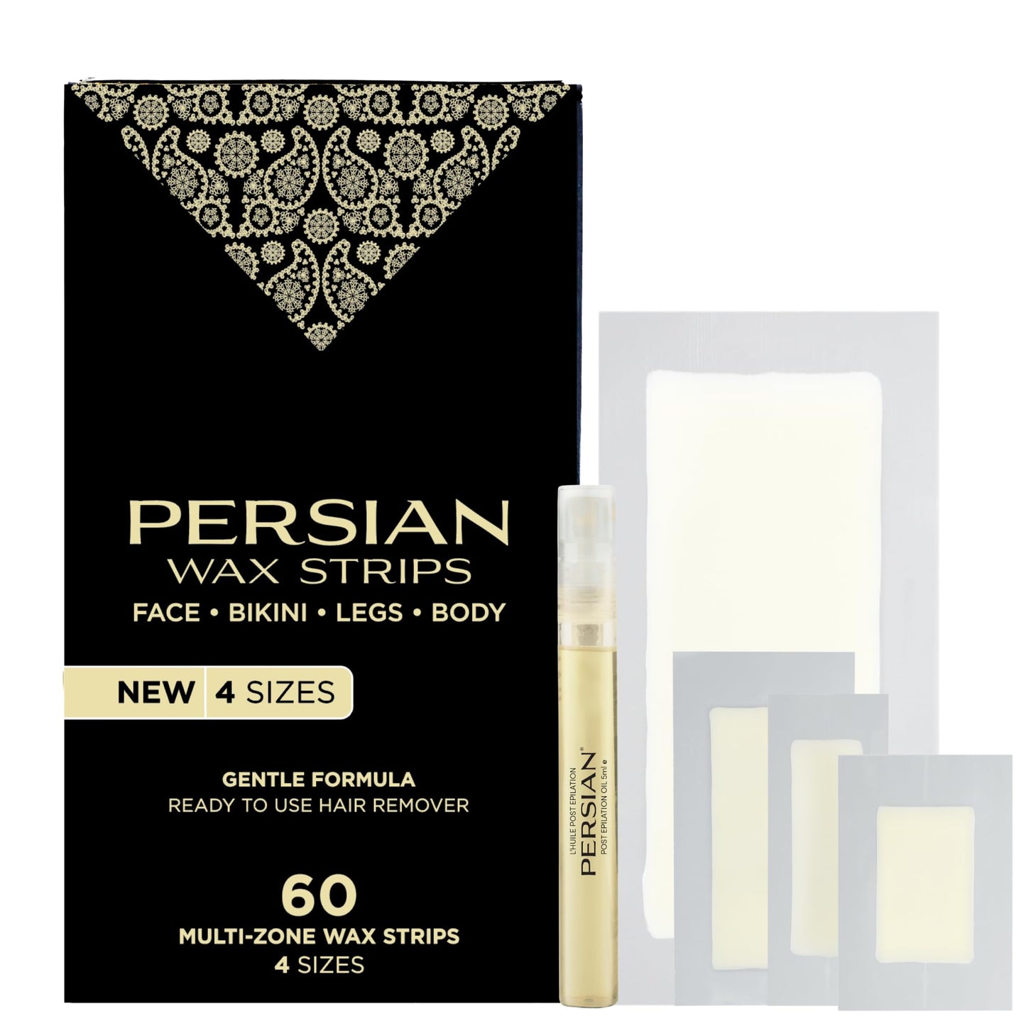 Persian Multi-Zone Wax Strips - Pre-Lined for Face, Legs, Body, Bikini & Underarms - Hair Removal Waxing Kit with Aftercare Oil - Easy, Ready-to-Use Beauty and Personal Care Persian