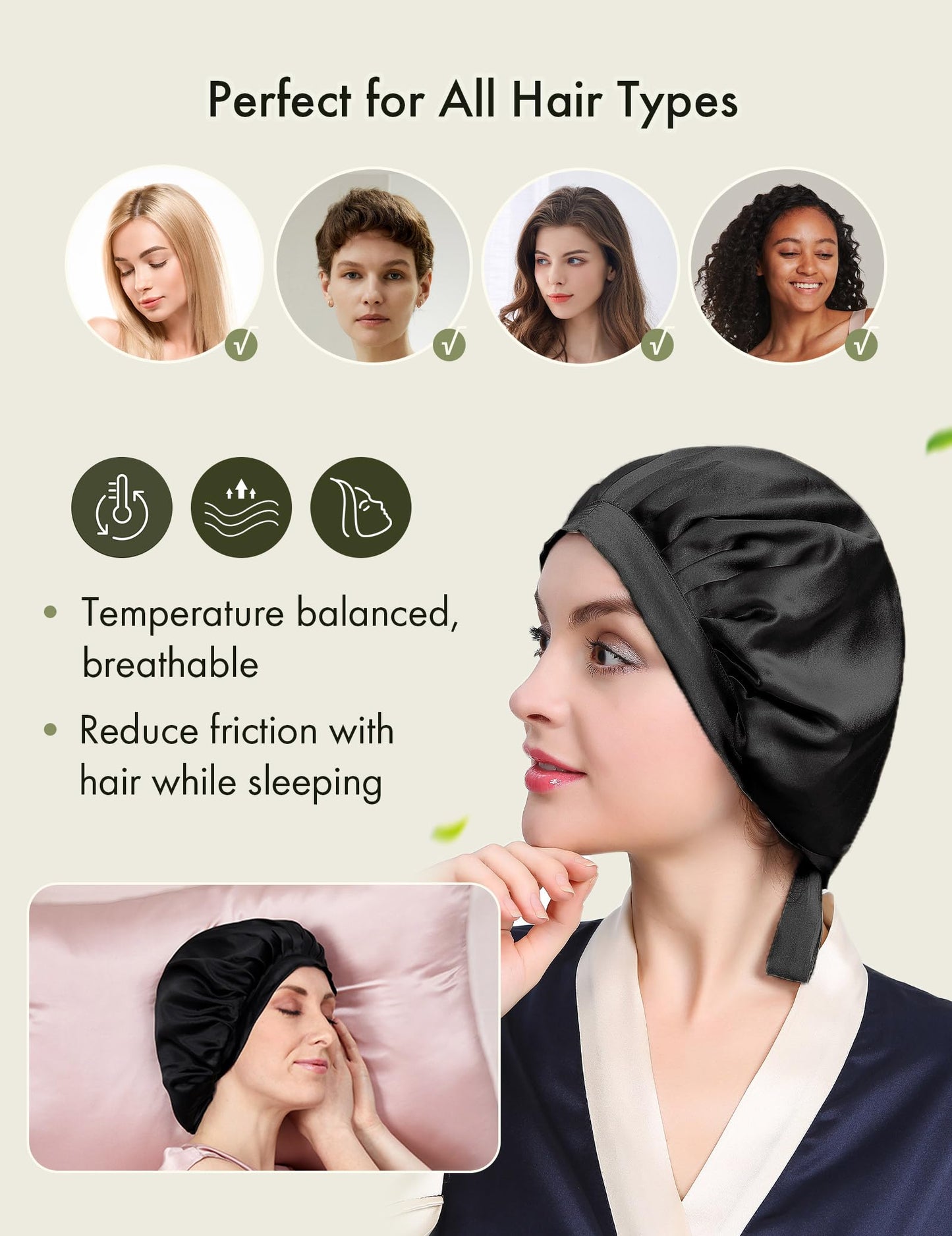 LILYSILK 100% Mulberry Silk Bonnet, 19 Momme Silk Night Sleep Cap Adjustable Hair Wrap for Sleeping, Black Beauty and Personal Care LilySilk