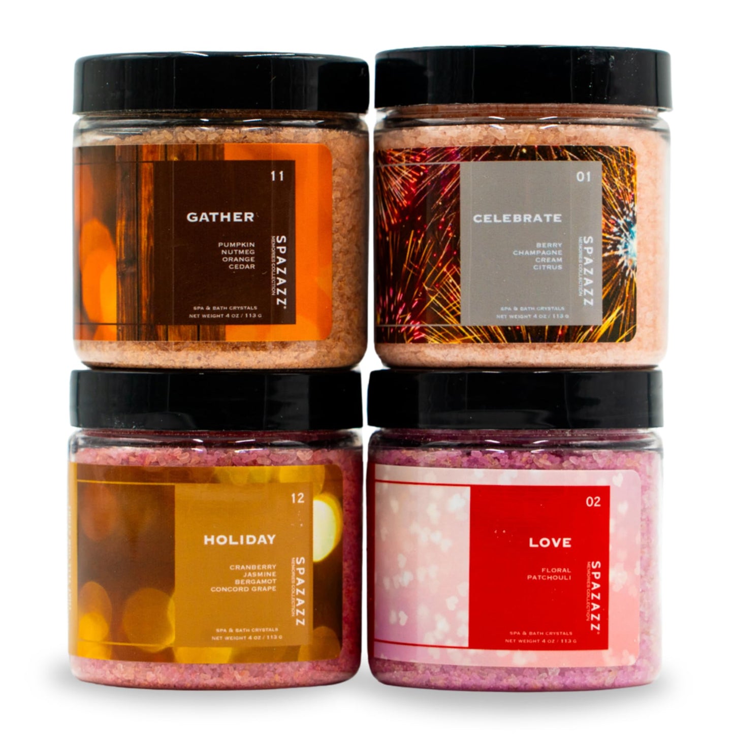 Spazazz Hot Tub Aromatherapy Memories Collection Bath Salts Set Four-4 Oz Pack - Love, Holiday, Celebrate, Gather - Spazazz Hot Tub Crystals and Bath Beauty and Personal Care Spazazz