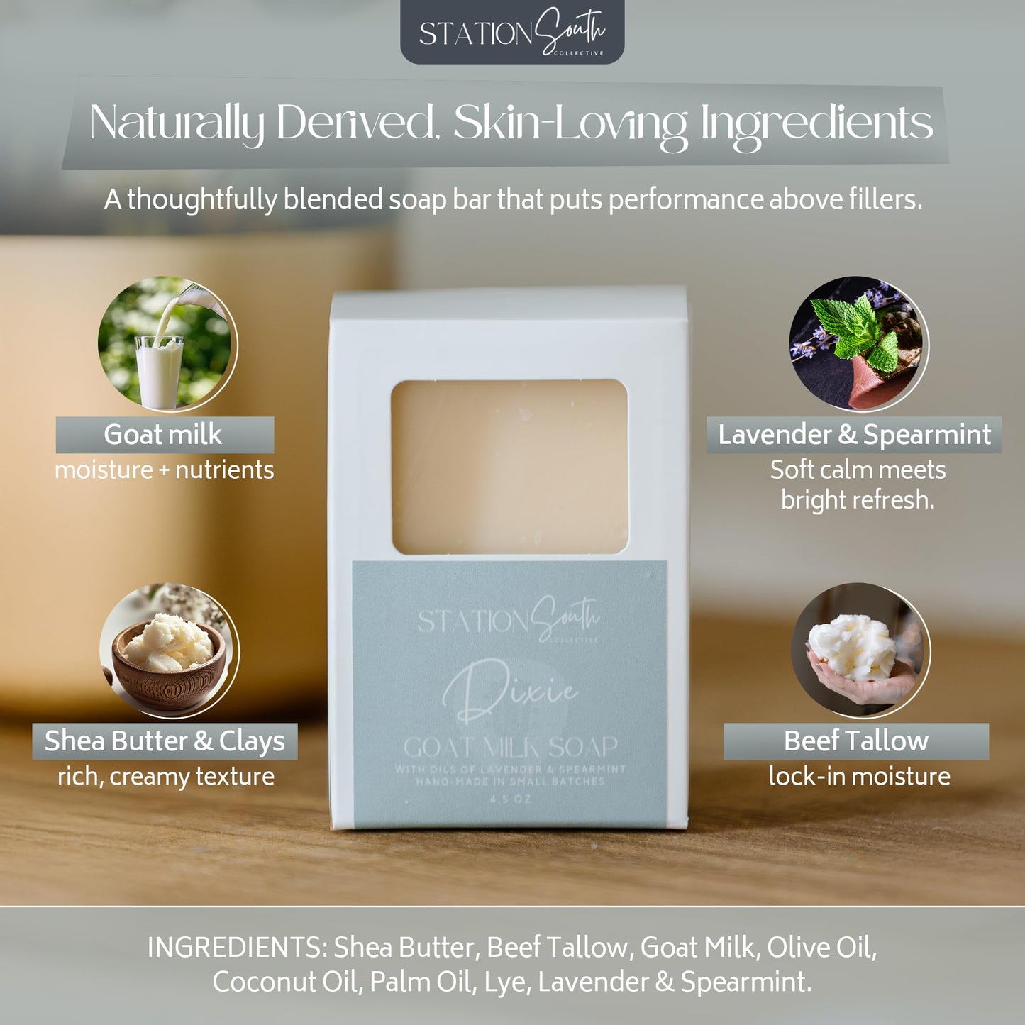 Station South Collective Dixie Goat Milk Soap Bar - Moisturizing & Gentle Body Soap for Sensitive Skin, Hydrating Cleanse with Shea Butter, Lavender Beauty & Personal Care Station South Collective