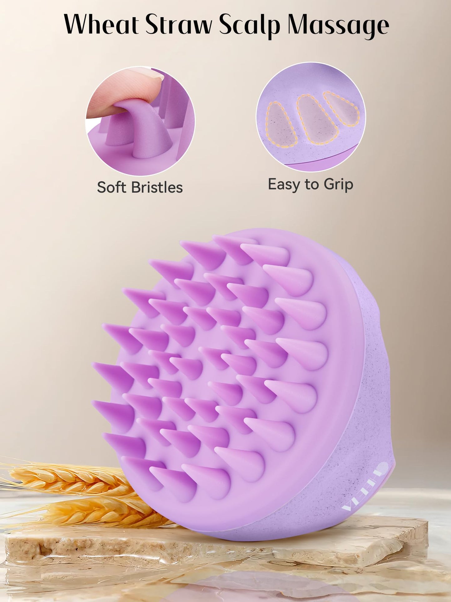 HEETA Scalp Massager Hair Growth Brush with Soft Silicone Bristles, Wheat Straw Handle, 2 Count (Beige & Purple, Round, All Hair Types) Beauty & Personal Care HEETA