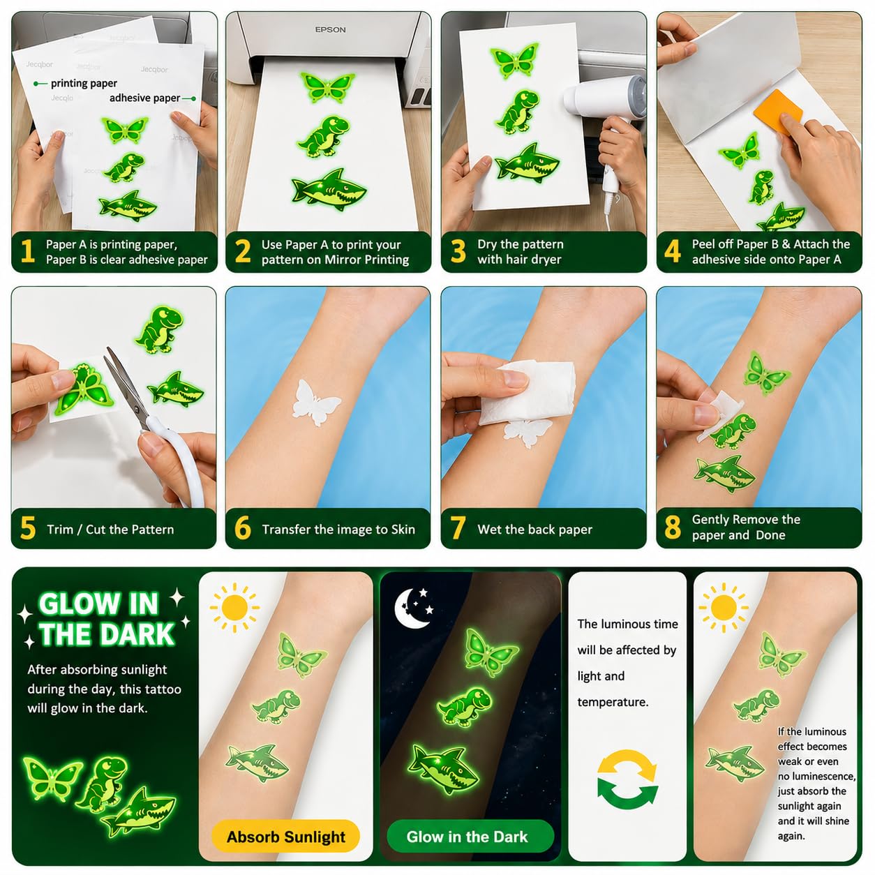 Jecqbor 20 Sheets Printable Temporary Tattoo Paper for INKJET Printer, Transfer Paper Thick Clear for Kids, Family, Christmas, Birthdays, Parties Beauty and Personal Care Jecqbor