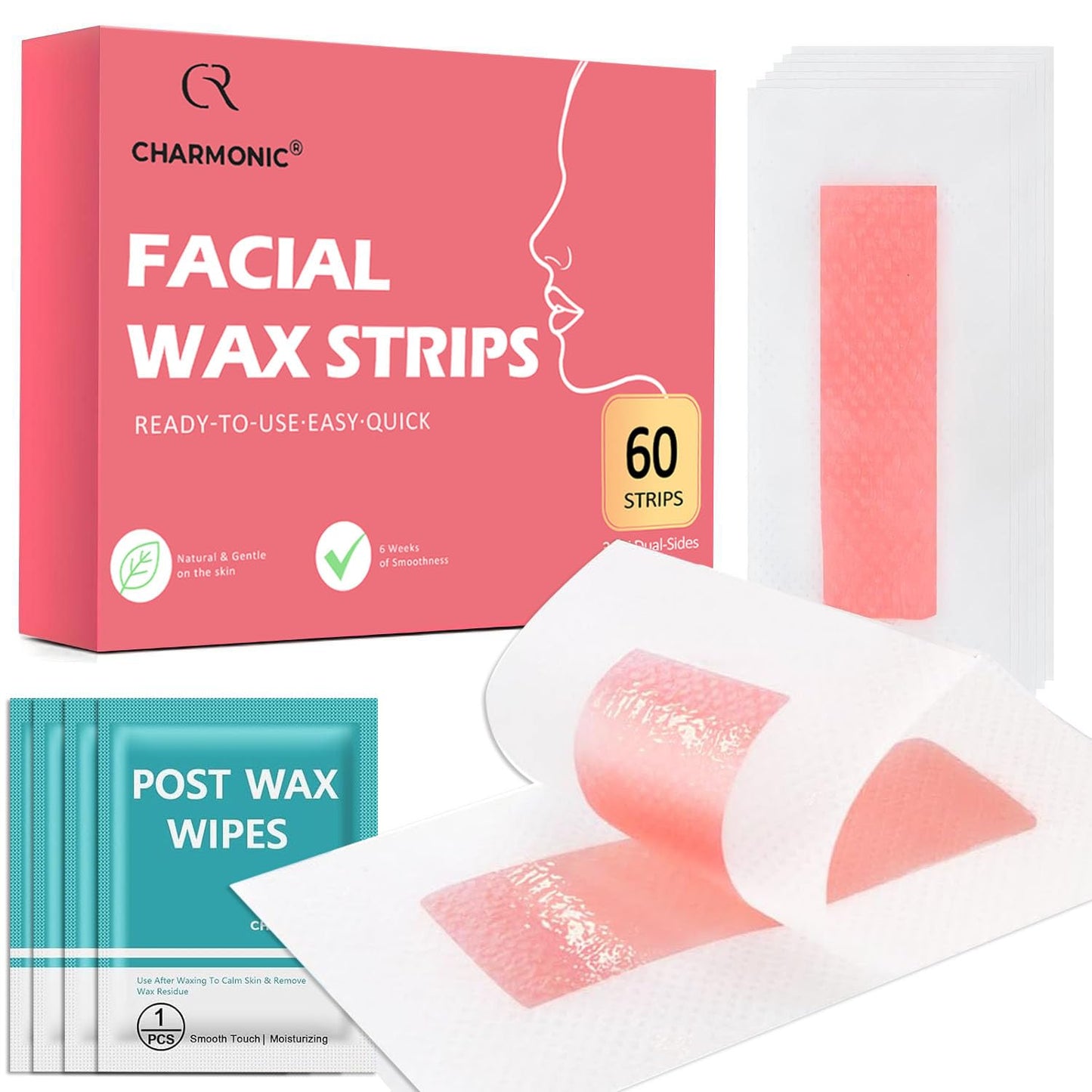 Facial Wax Strips 60 Pcs, Facial Hair Removal for Women, Waxing Strips for Face Eyebrow Upper Lip Cheek Hair Remover, Quick & Painless At Home Waxing Beauty and Personal Care Charmonic