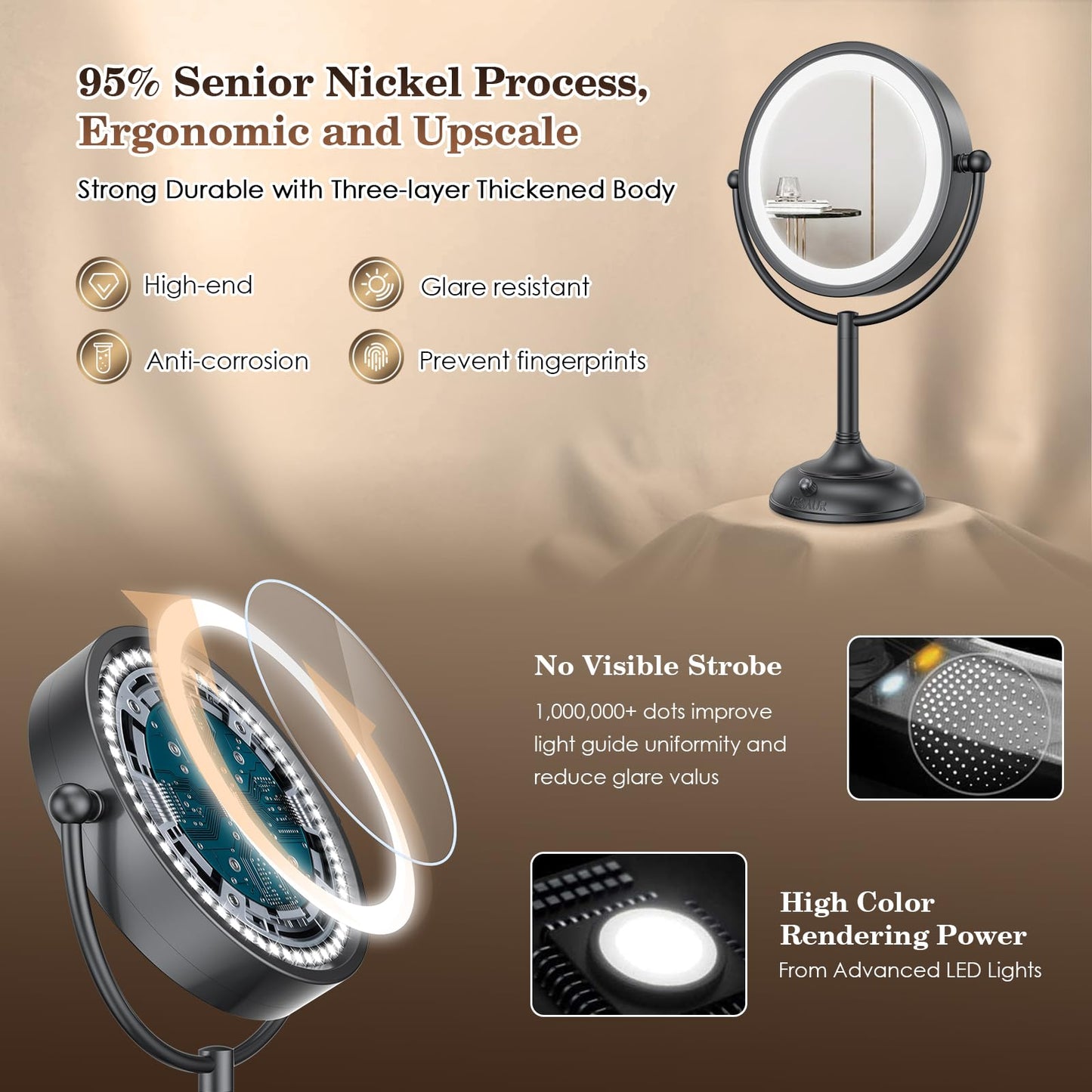VESAUR Professional 8.5" Lighted Makeup Mirror, 1X/10X Double Sided HD Undistorted Magnifying Mirror with 3 Color 90 Dimmable LED lights, 360° Beauty & Personal Care VESAUR