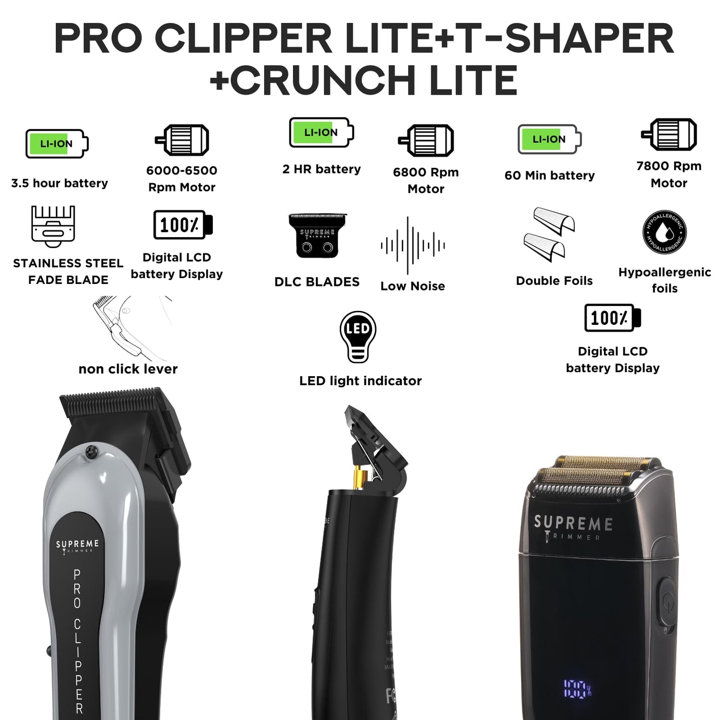 Supreme Trimmer 3-in-1 Barber Bundle - Pro Clipper Lite, DLC T-Shaper Trimmer, Crunch Lite Foil Shaver - Professional Beard Trimmer/Clipper Kit Beauty and Personal Care Supreme Trimmer
