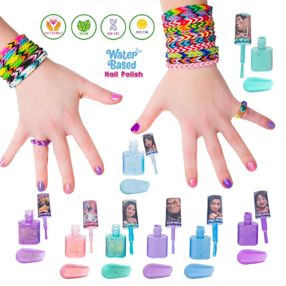 Townley Girl Moana 2 Non-Toxic Water-Based Peel Off Nail Polish Set with Glittery Shimmery and Opaque Colors for Girls Kids Ages 3+ Perfect
