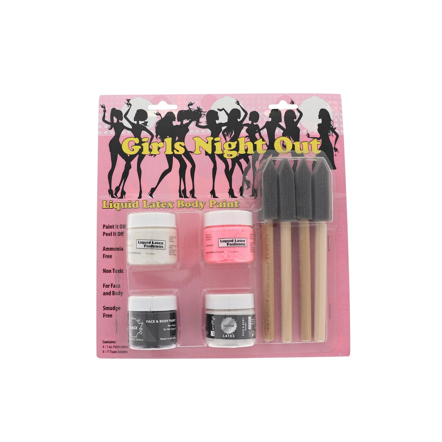 Girls Night Out Liquid Latex Body & Face Paint Kit - Four 1 fl oz (Pink • White • Silver • Black) + 4 Application Brushes - Body Art, Nightclub Beauty & Personal Care Liquid Latex Fashions