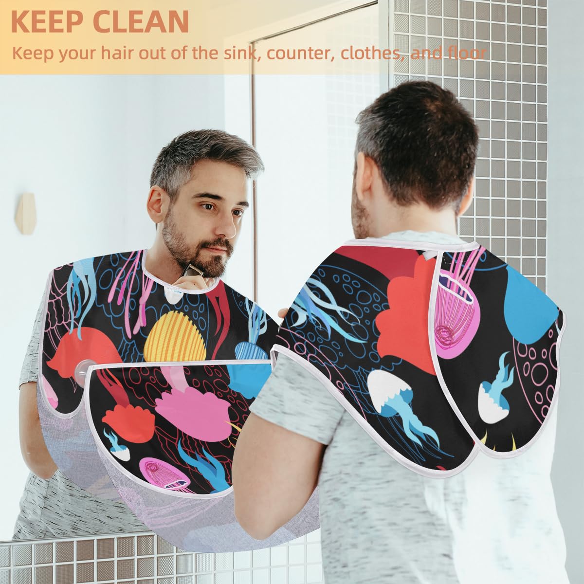 Hsnar Pattern Jellyfish Cute Beard Bib Beard Hair Catcher for Men Shaving Waterproof Non-Stick Hair Catcher Grooming Cloth with 2 Suction Cups Beauty and Personal Care Hsnar