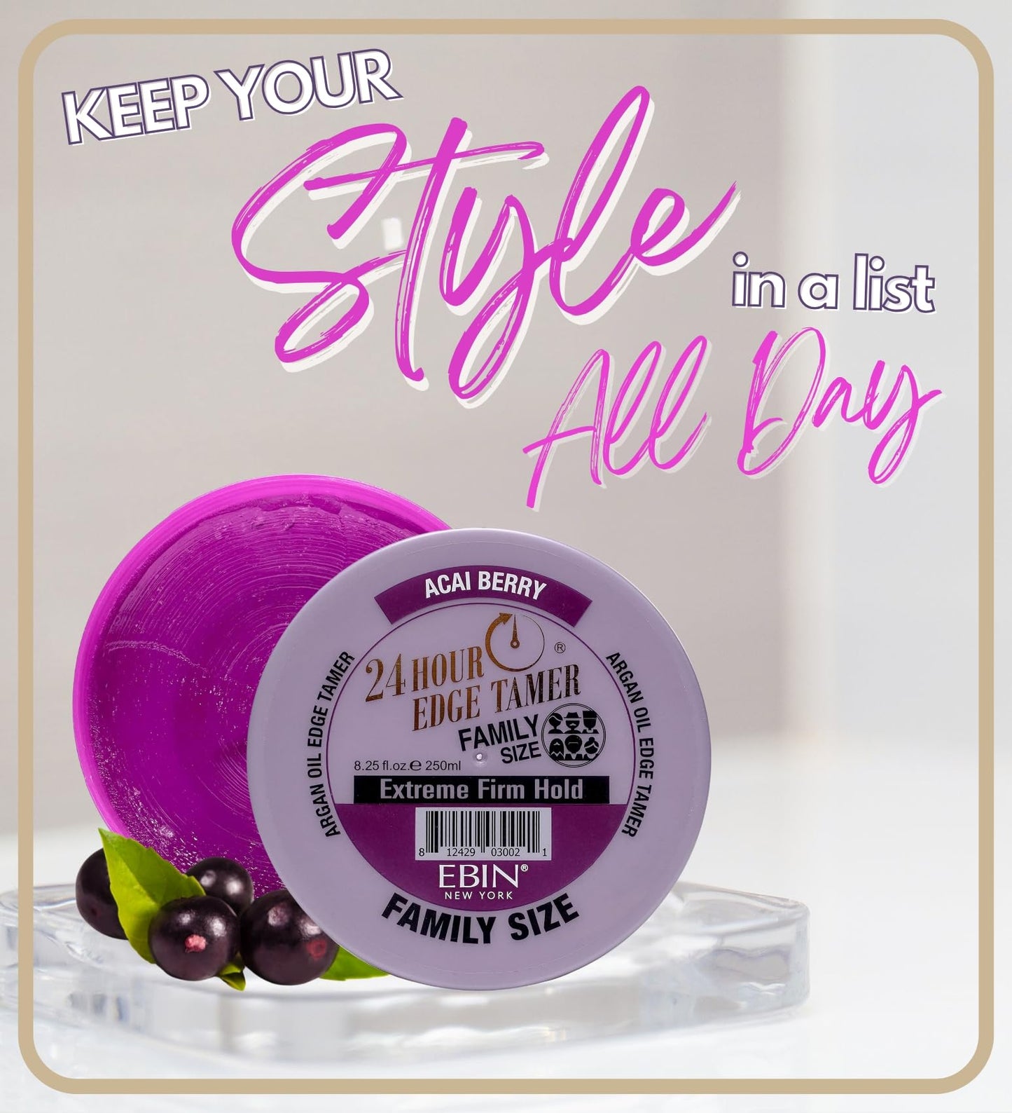 24 Hour Argan Oil Edge Tamer Refresh (8.25oz/ 250ml, Acai Berry) | Extreme Firm Hold, Smooths & Tames Frizz | No Flaking or Drying | High Shine, Long Beauty & Personal Care EBIN NEW YORK