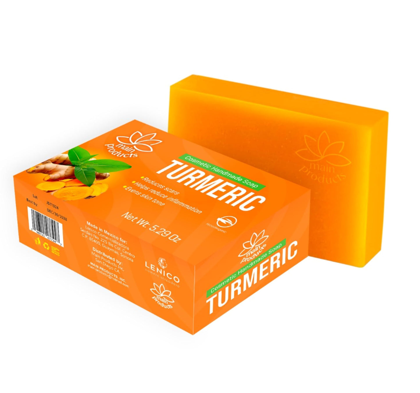 Turmeric Soap Bar for Face and Body 5.29oz, Handmade Cosmetic Soap. Hypoallergenic Jabon de Curcuma Beauty & Personal Care Lenico Comercializadora