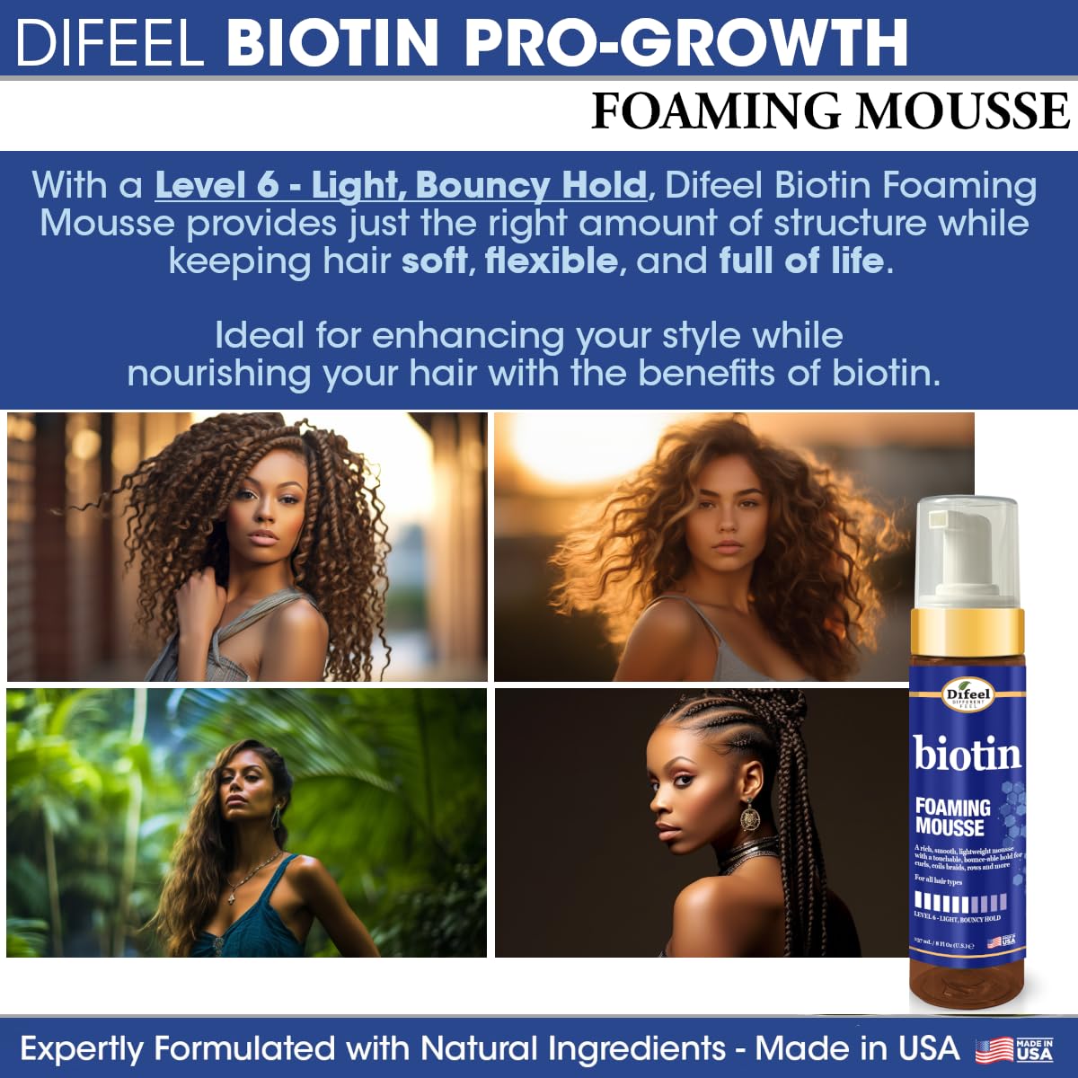 Difeel Biotin Foaming Mousse 8 oz. - Curly Hair Biotin Thickening Mousse, Ideal for Curls, Rows, Braids, and Coils Beauty & Personal Care Difeel
