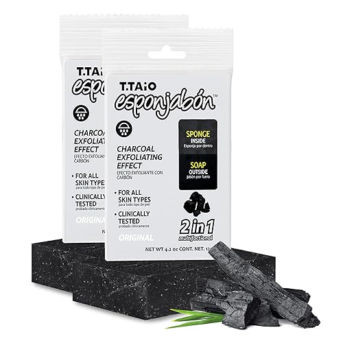 T.Taio Esponjabon Charcoal Soap Sponge - Cleansing Shower Scrubber - Cleaning Bath Wash Scrub - Oil Removal - Massage & Lather Foot, Elbow, & Face Beauty & Personal Care T.TAIO